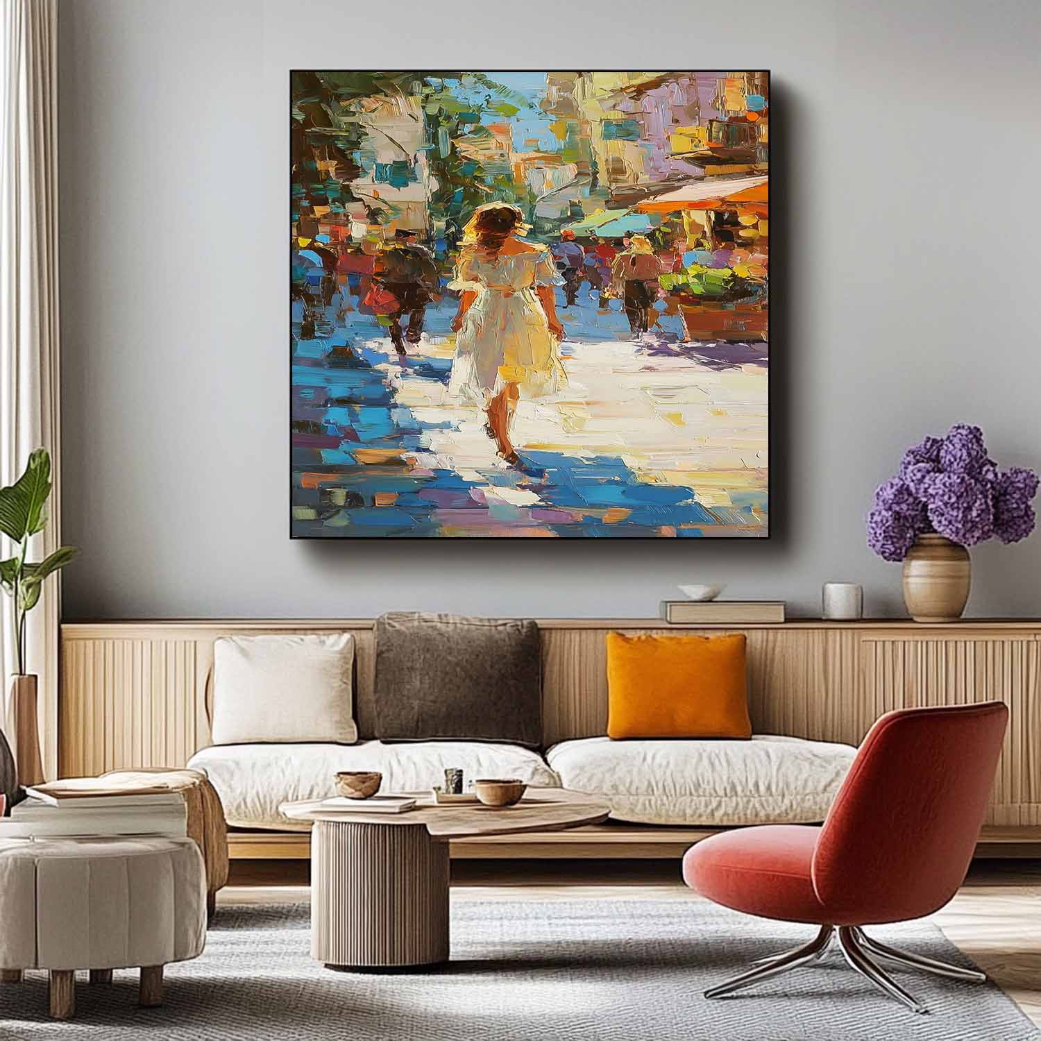 Colorful Impressionist Street Scene Oil Painting Original Artwork City Street Market Scene For Living Room