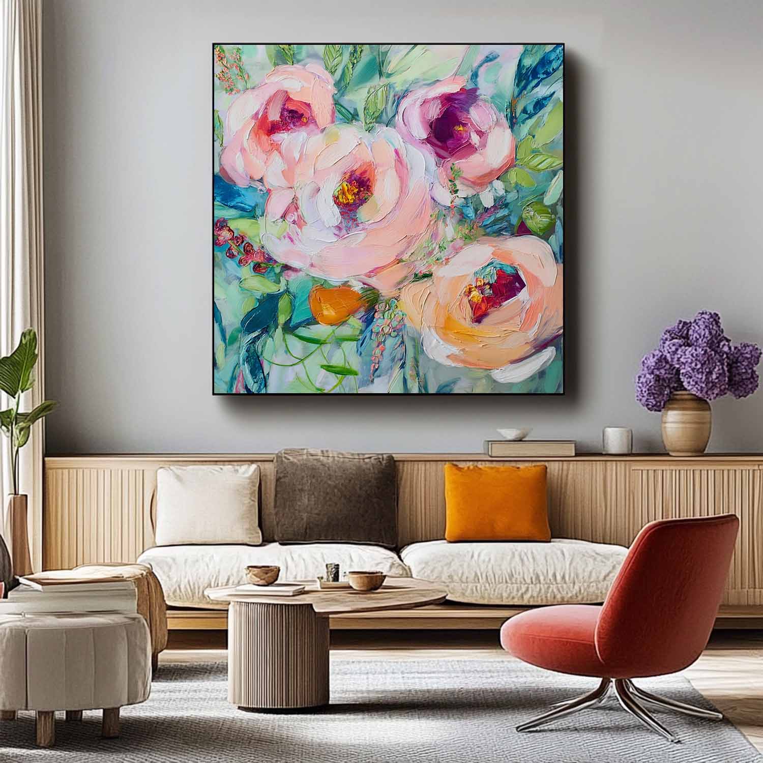 Large Botanical Acrylic Painting Canvas Original Floral Artwork Square Abstract Flowers Art Home Decor
