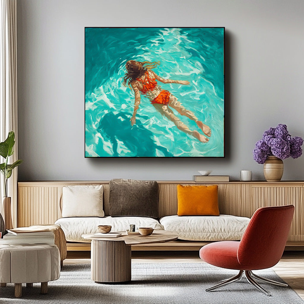 Pretty Lady Artwork Square Diving In Ocean Sensual Woman Acrylic Painting Original Girl swimming Wall Art