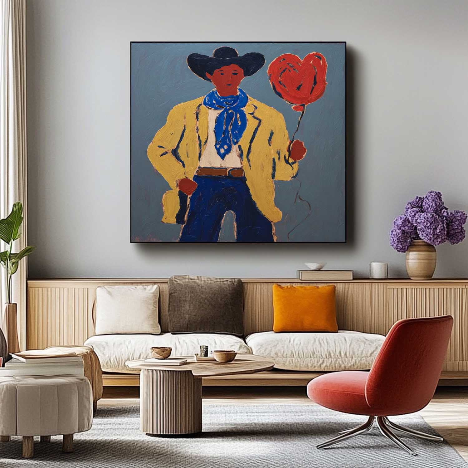 Original Cowboy With Red Heart Balloon Painting Canvas Western Style Wall Art For Home Decor Art Lovers Gift