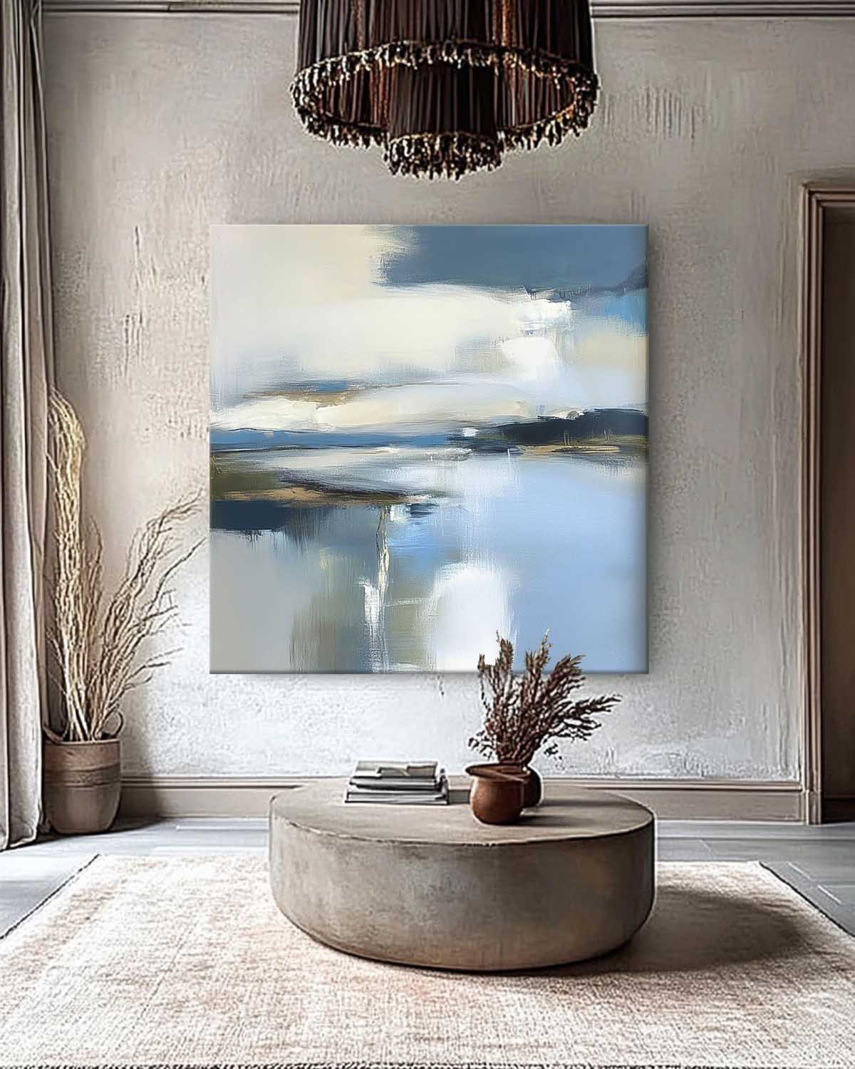 Abstract Lake Landscape Oil Painting Blue Landscape Artwork Large Blue Texture Wall Art Framed Home Decor