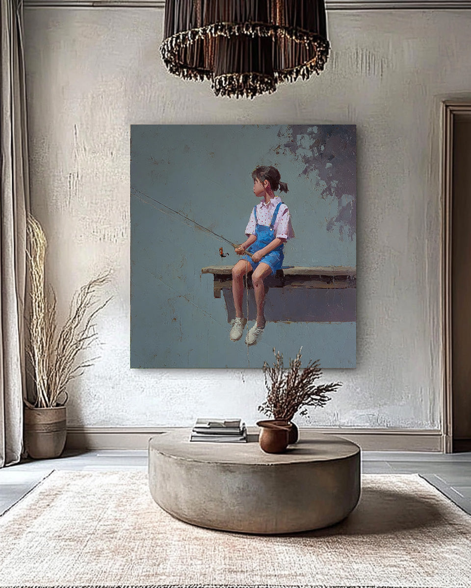 Abstract Warm atmosphere Art Original Grey Wall Art Minimalist Girl Fishing Painting For Living Room