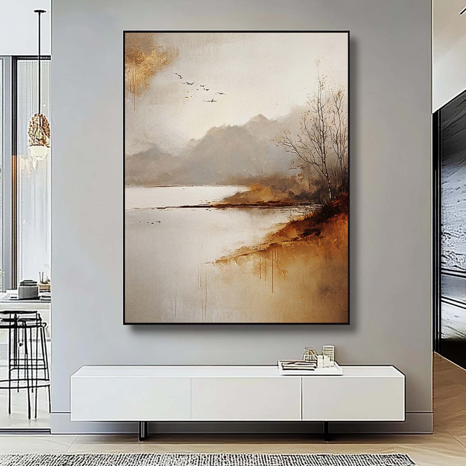 Large Minimalism Wall Art Vllage Landscape Artwork Abstract Scenery Oil Painting Framed Home Decor