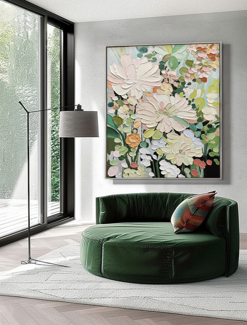 Large Original Minimalist Green Floral Art Abstract Flower Oil Painting on Canvas Custom Painting Boho Wall Decor