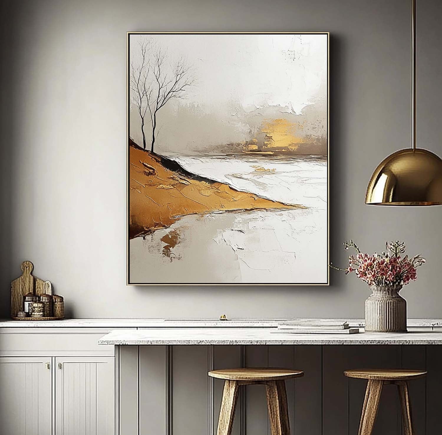Vllage Landscape Artwork Abstract Scenery Oil Painting Framed Large Minimalism Wall Art Home Decor