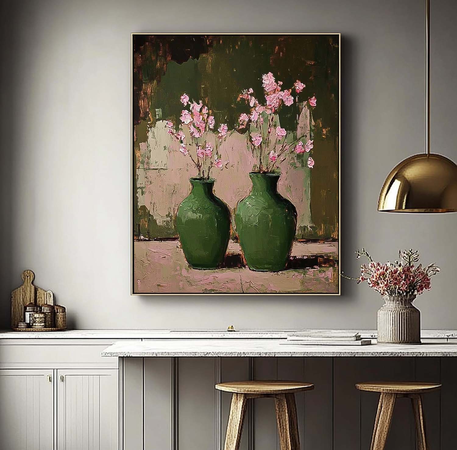 Square Large Retro Vase ArtFlowers Acrylic Painting Canvas Original Floral Painting For Living Room