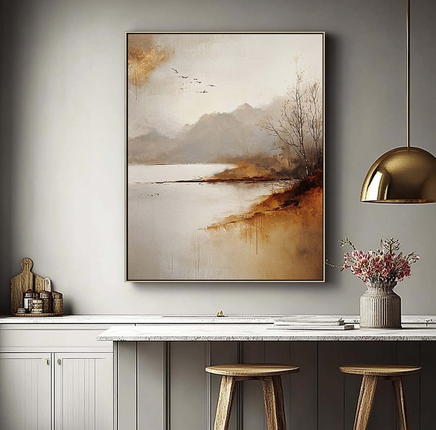 Large Minimalism Wall Art Vllage Landscape Artwork Abstract Scenery Oil Painting Framed Home Decor