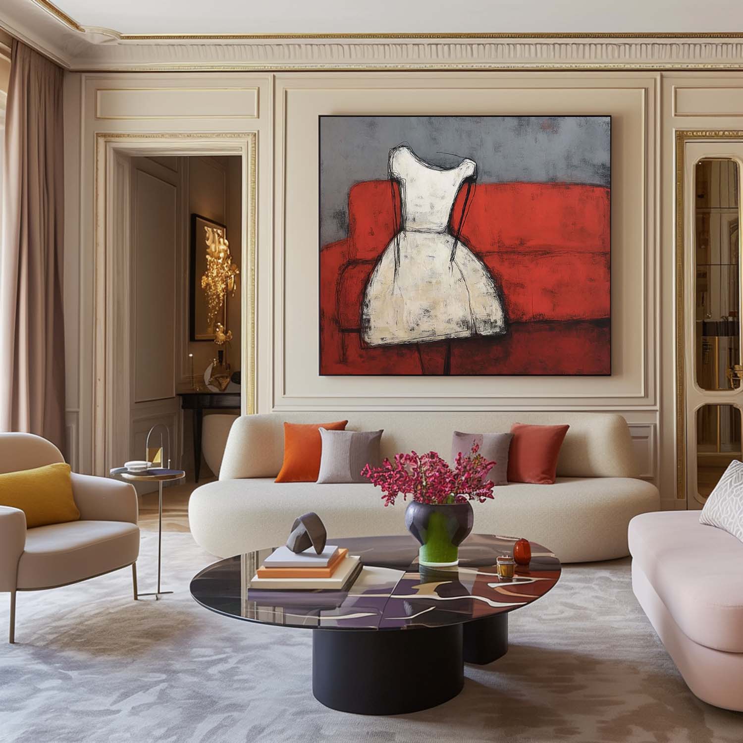 Abstract White Vintage Dress Oil Painting Original Minimalist Artwork Large Wall Art For Living Room
