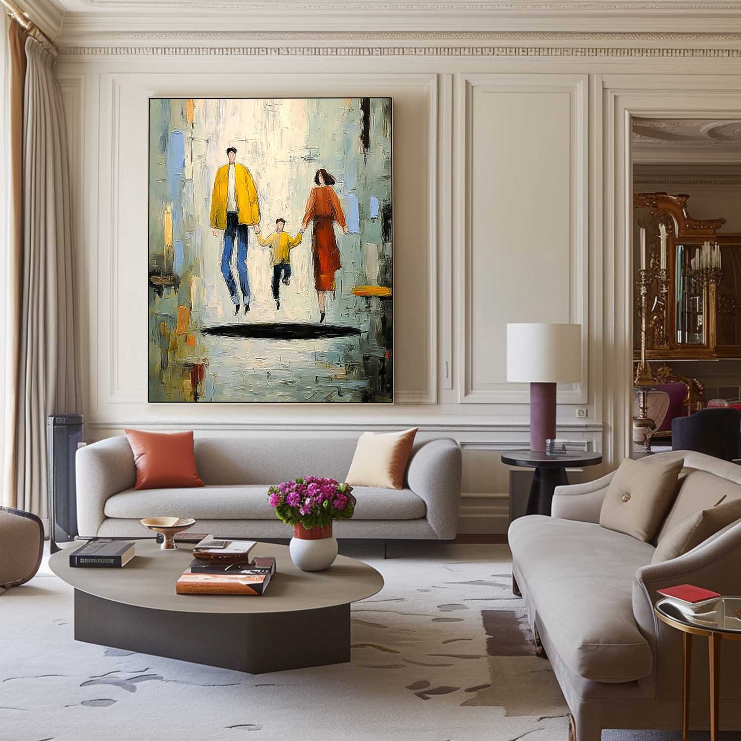 Minimalist Family Wall Art Modern City Silhouette Original Neutral Background Oil Painting Home Decor