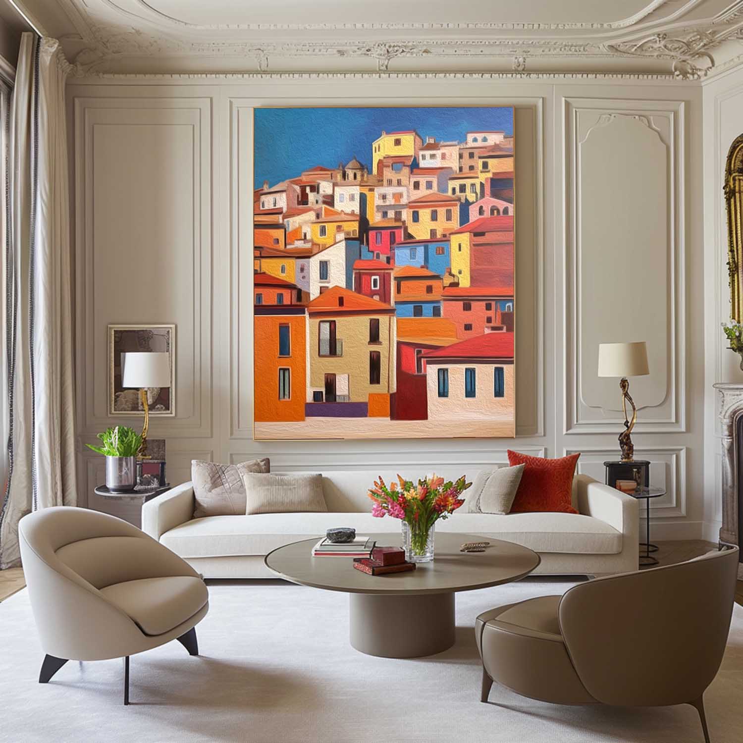 Original Architecture Wall Art Large Realism Acrylic painting Modern Colorful House Oil Painting Home Decor