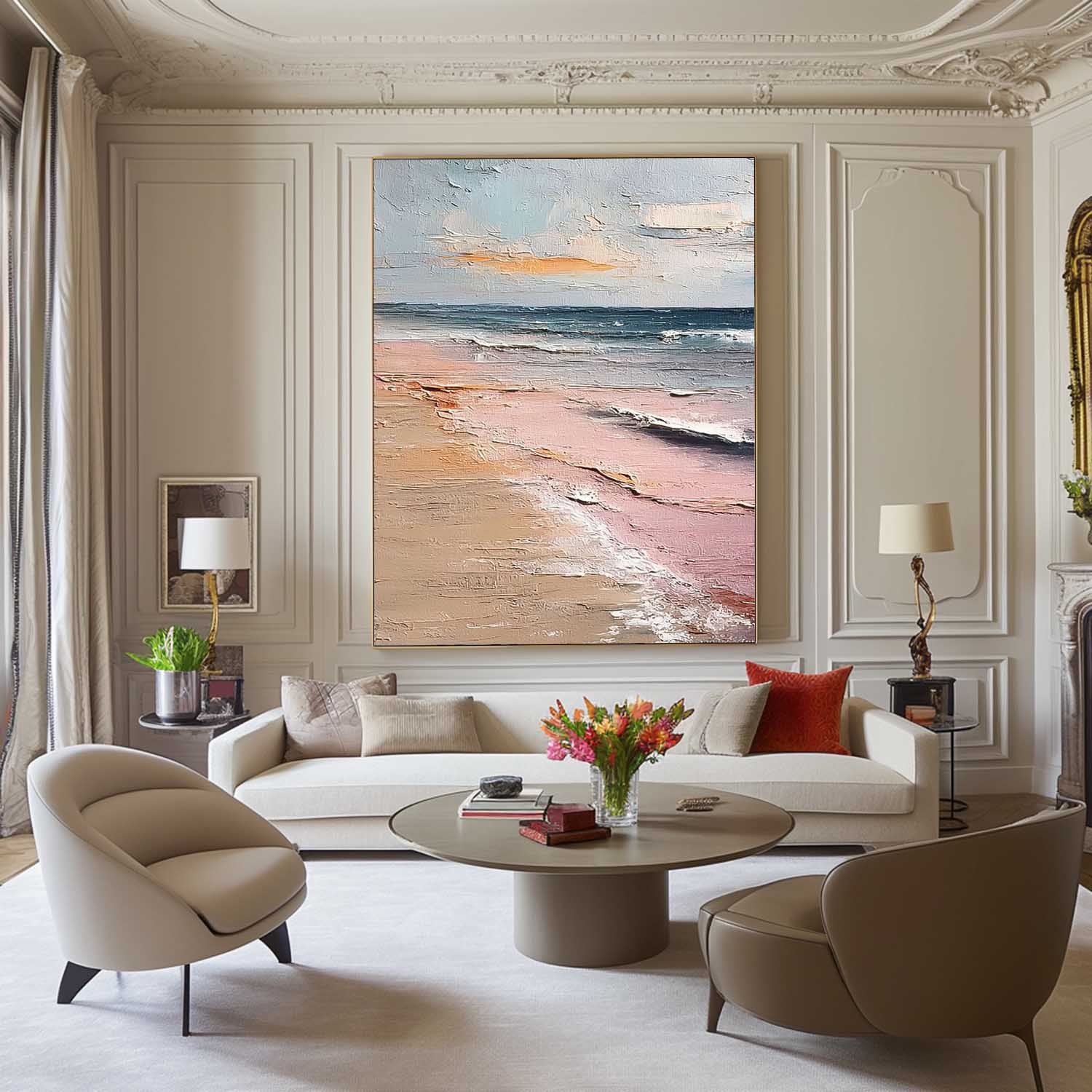 Pink Large Sea Wall Art Original Abstract Beach Oil Painting On Canvas Texture Artwork Home Decor