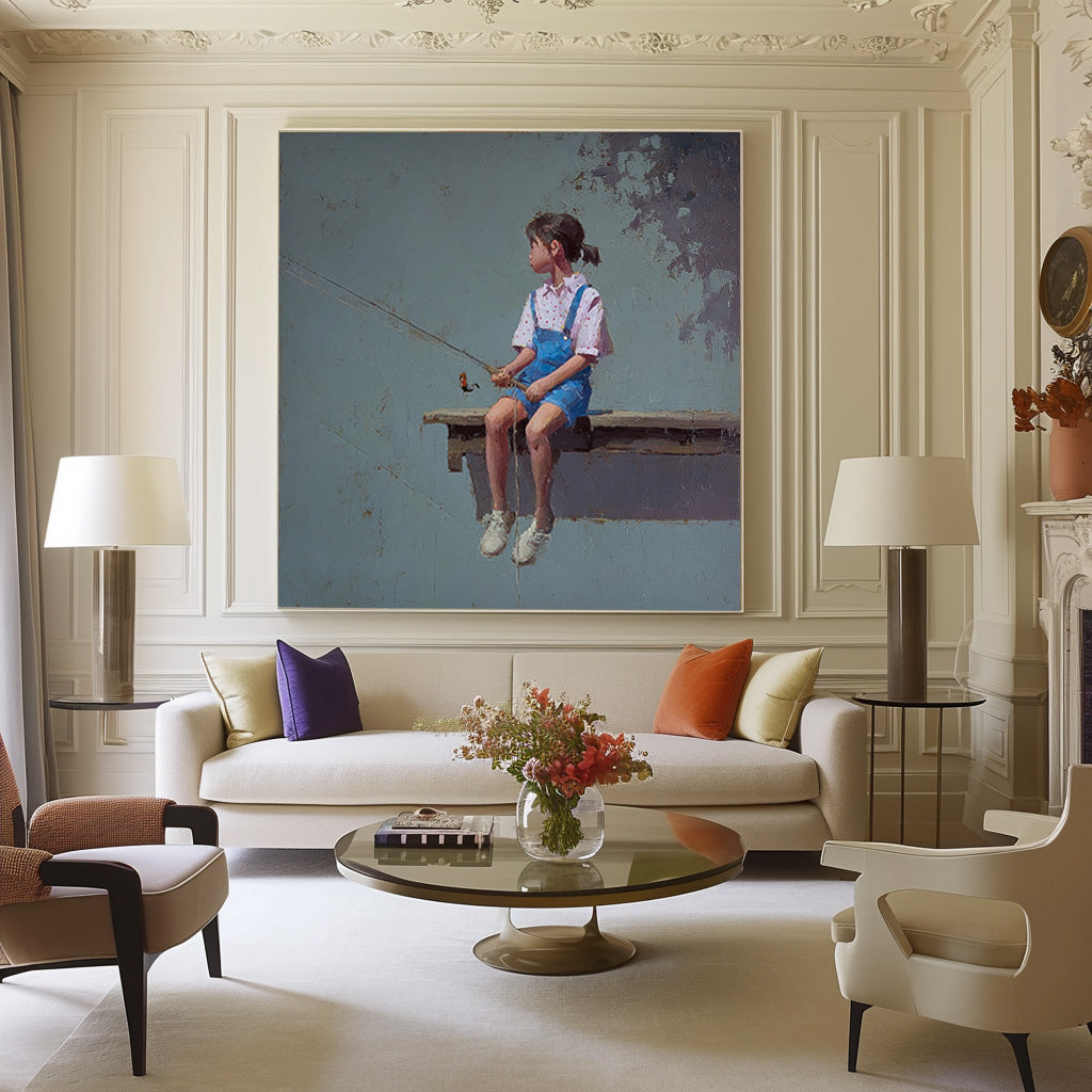 Abstract Warm atmosphere Art Original Grey Wall Art Minimalist Girl Fishing Painting For Living Room