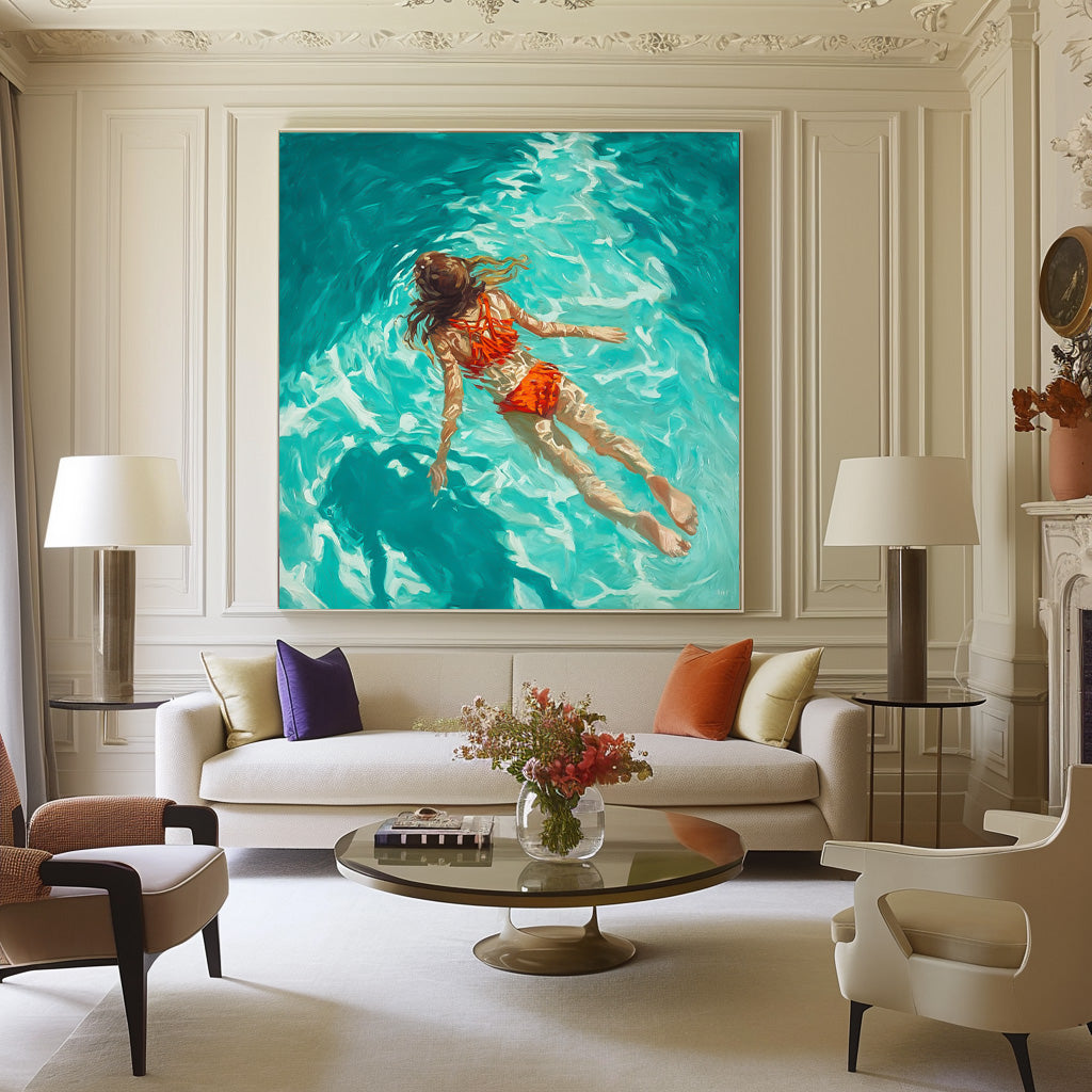 Pretty Lady Artwork Square Diving In Ocean Sensual Woman Acrylic Painting Original Girl swimming Wall Art