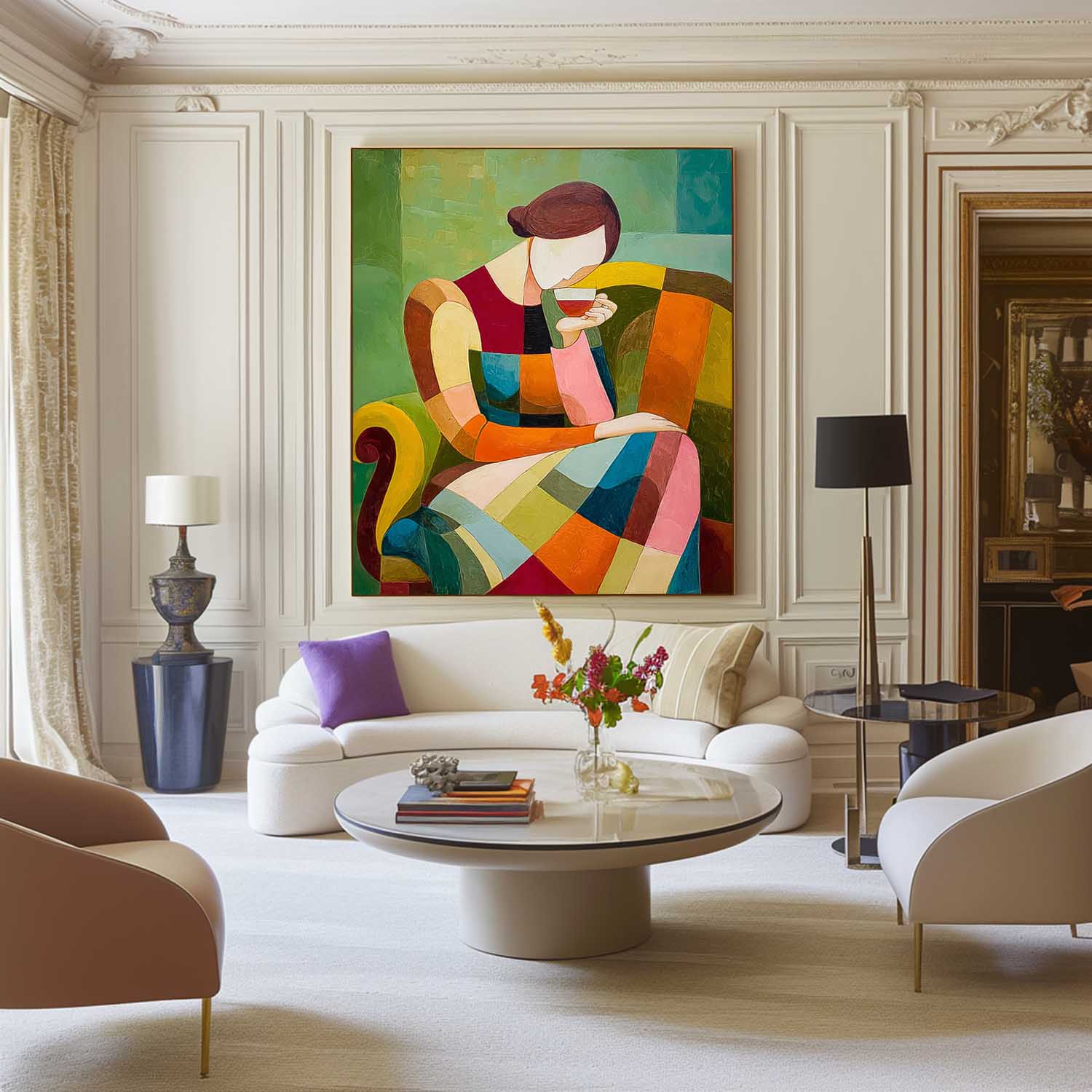 Original Elegant Woman Wall Art Abstract Lady Geometric Color Blocks Oil Painting Canvas Figure Artwork