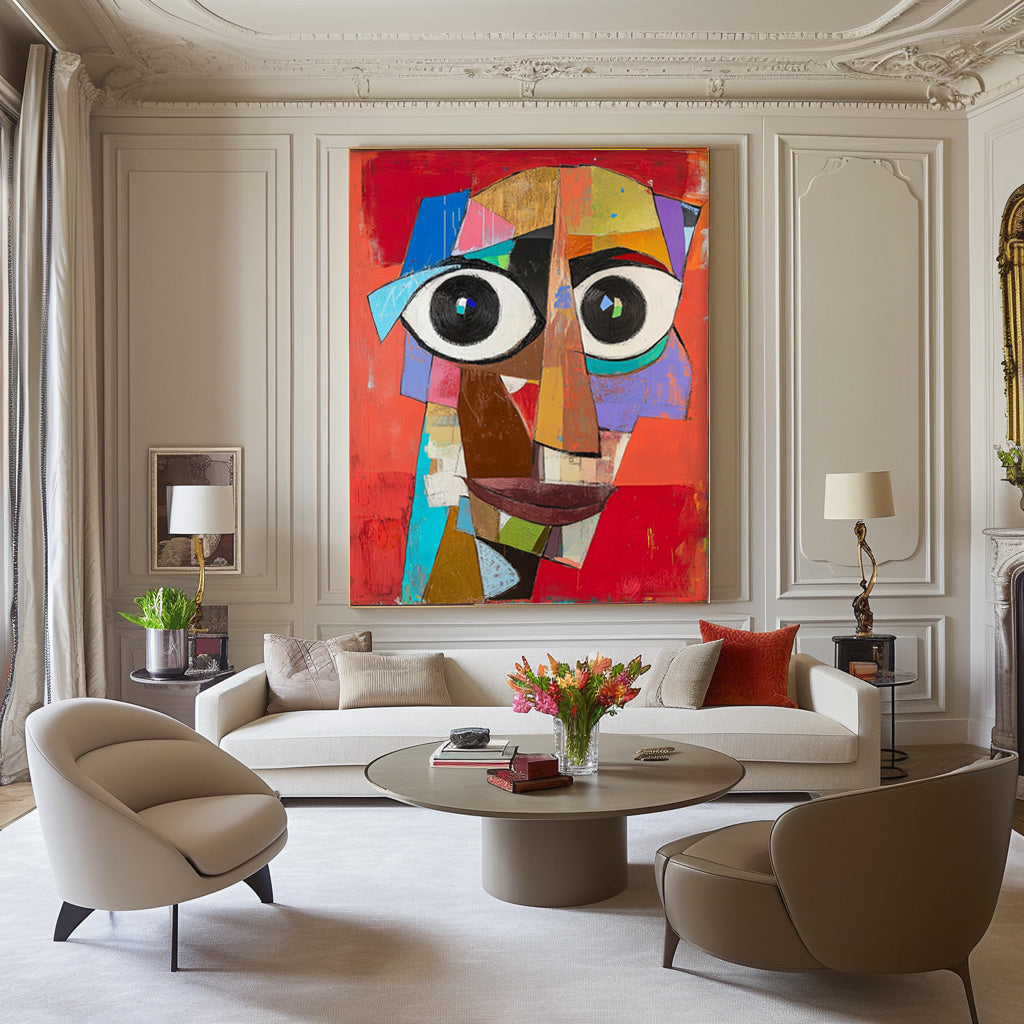 Modern Facial Wall Art Original Bold Bright Red Artwork Expressive Abstract Faces Painting Home Decor