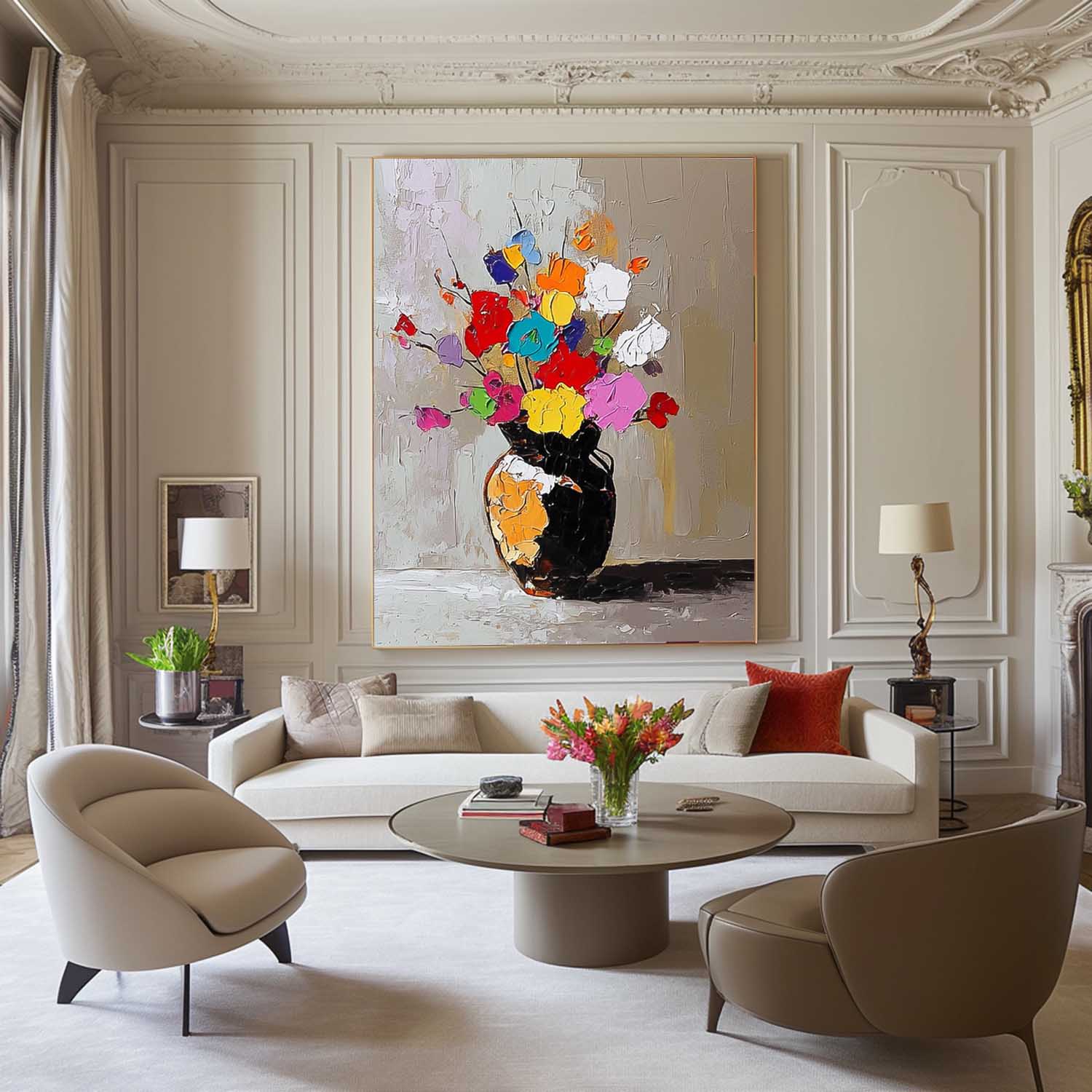 Color Flowers Acrylic Painting Canvas Original Floral Painting Large Textured Vase Art For Living Room