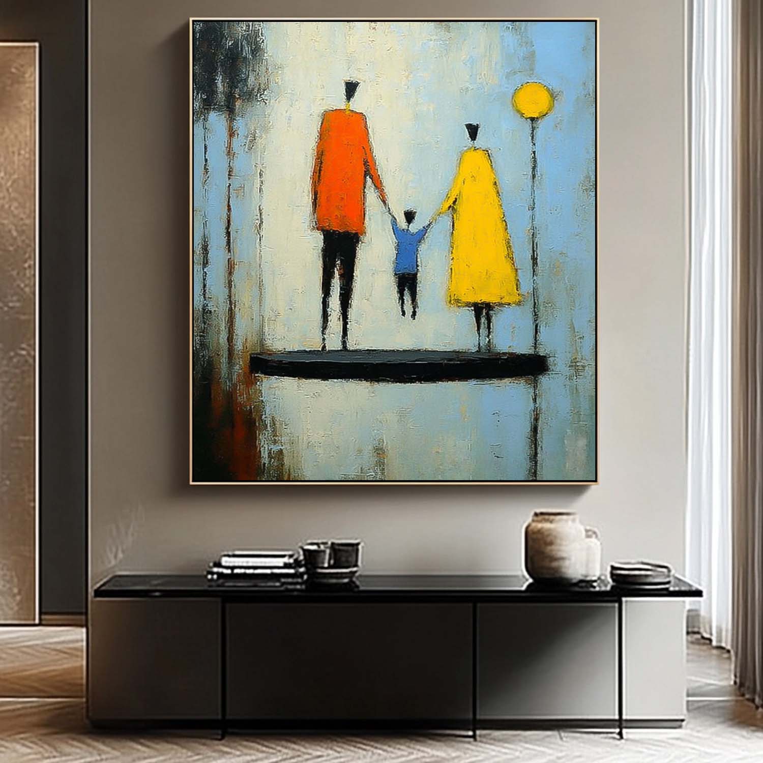 Minimalist Family Wall Art Modern Neutral Background Framed Original City Silhouette Oil Painting
