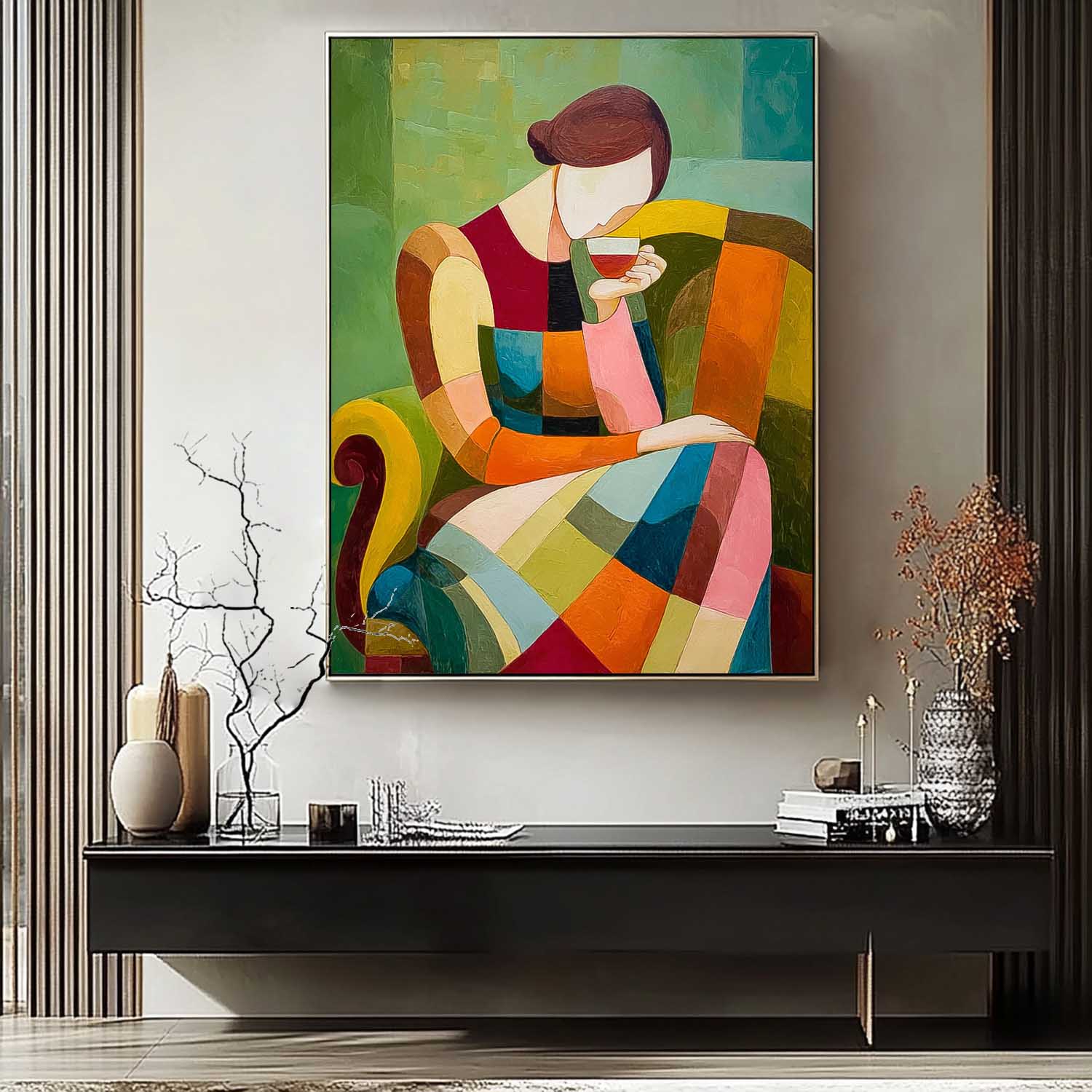 Original Elegant Woman Wall Art Abstract Lady Geometric Color Blocks Oil Painting Canvas Figure Artwork