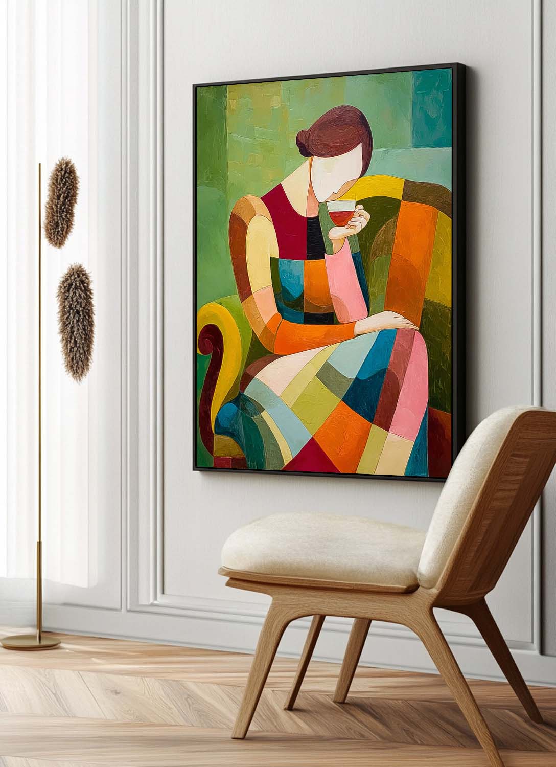 Original Elegant Woman Wall Art Abstract Lady Geometric Color Blocks Oil Painting Canvas Figure Artwork