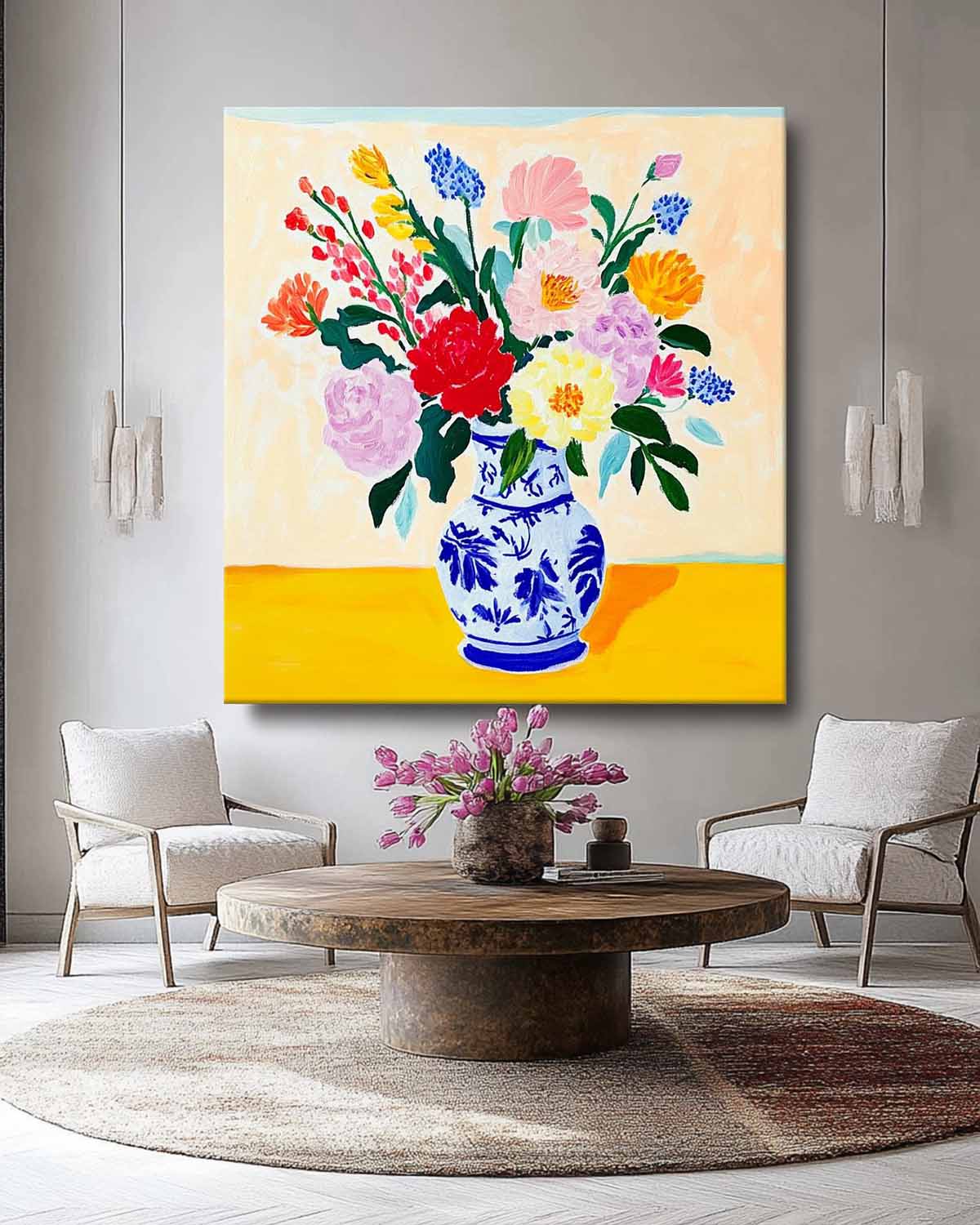 Original Flower Square Vase Artwork Floral Texture Painting on Canvas Large Illustration style Wall Art