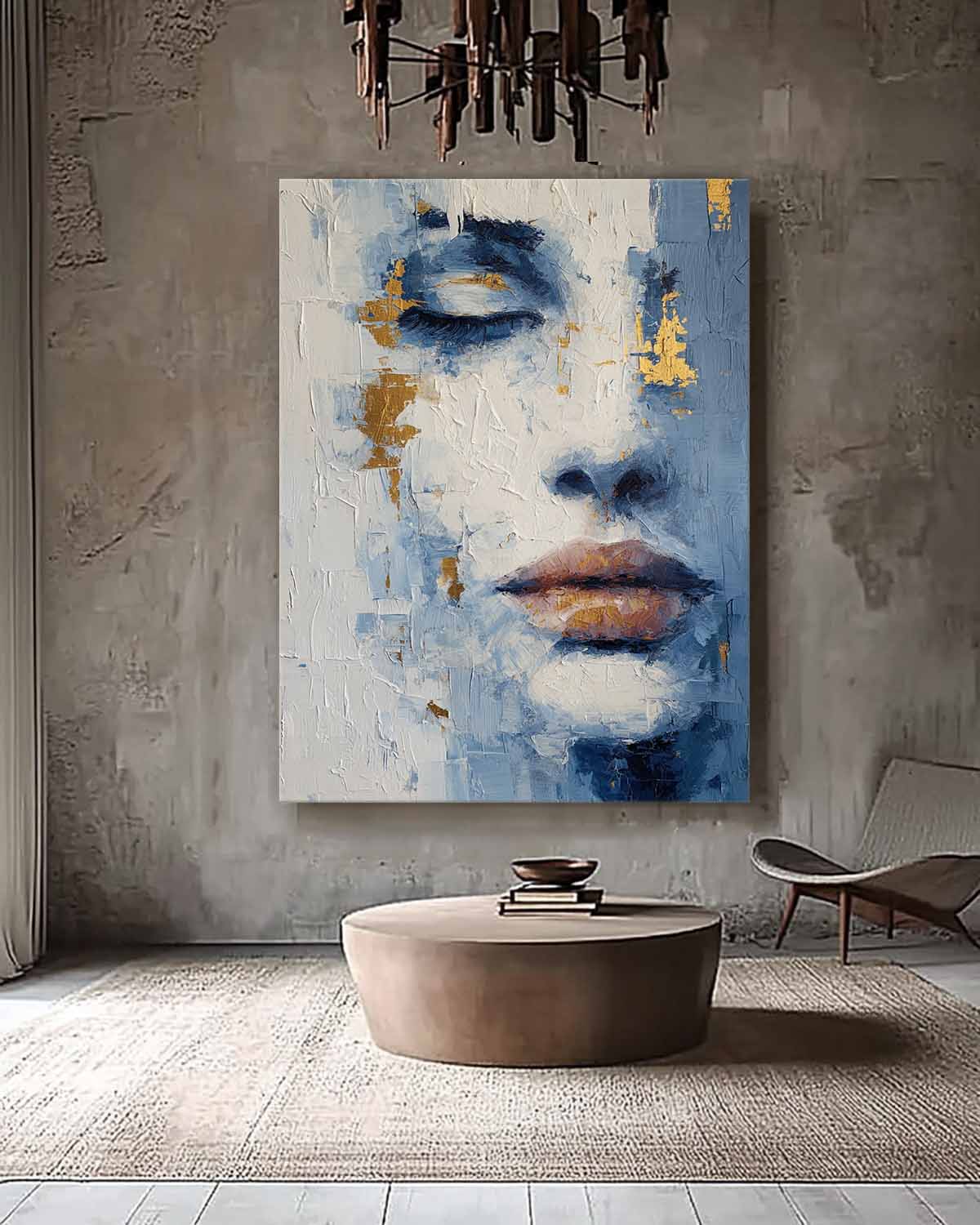 Abstract Portrait Painting Modern Blue & Gold Toned Impasto Wall Art Contemporary Minimalist Face Artwork