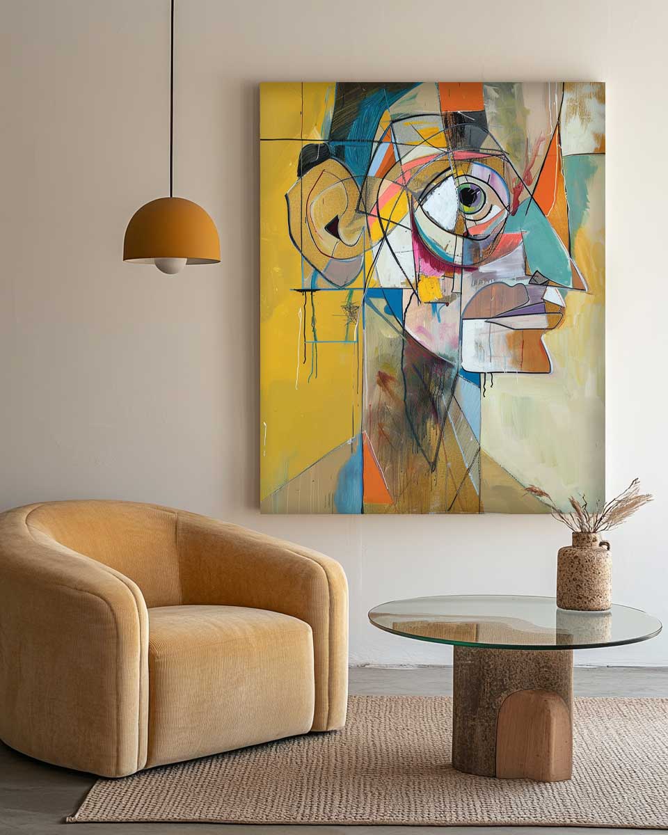 Expressive Abstract Faces Painting Modern Facial Wall Art Original Bold Yellow Artwork Home Decor