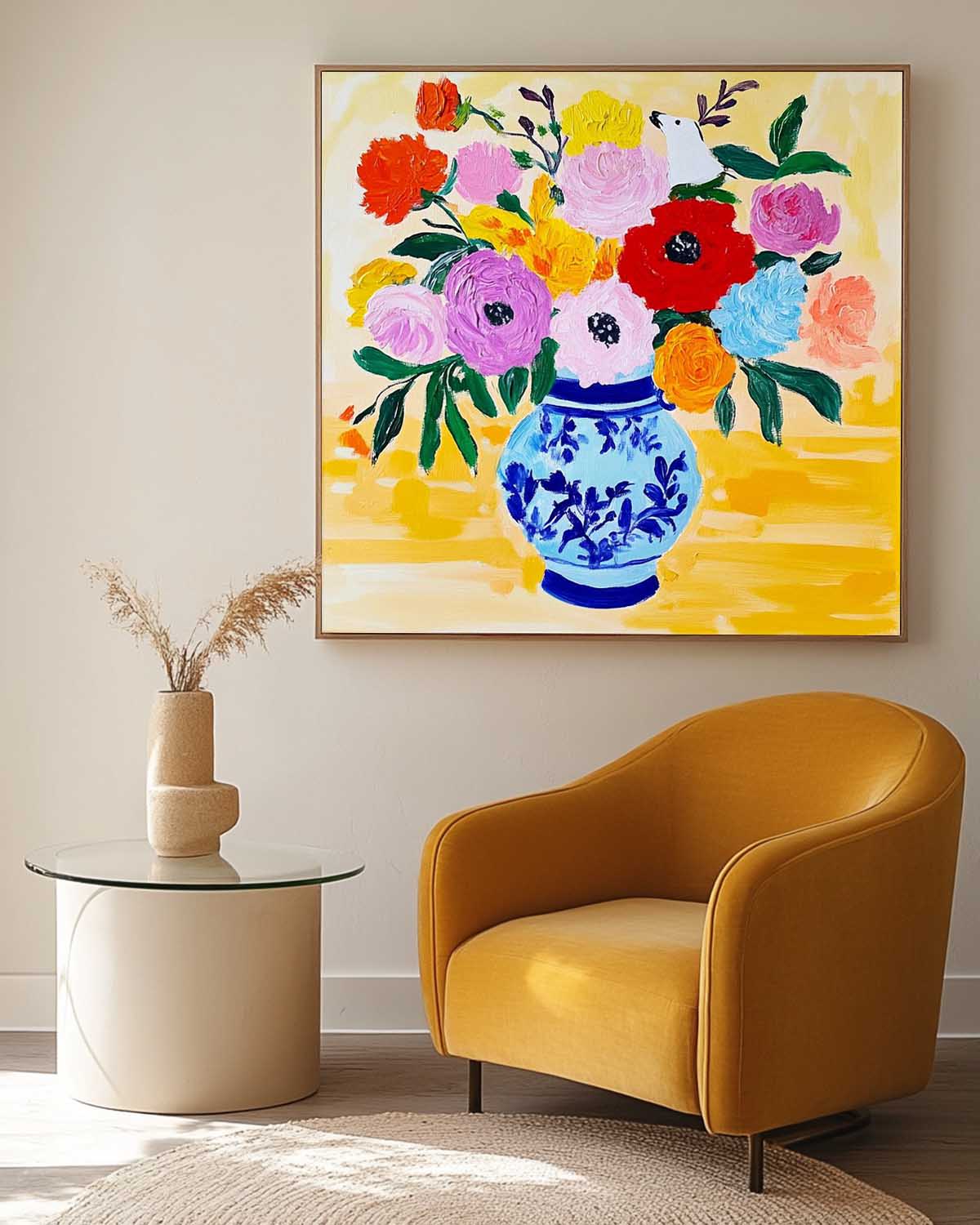Floral Texture Painting on Canvas Original Flower Square Vase Artwork Large Illustration style Wall Art