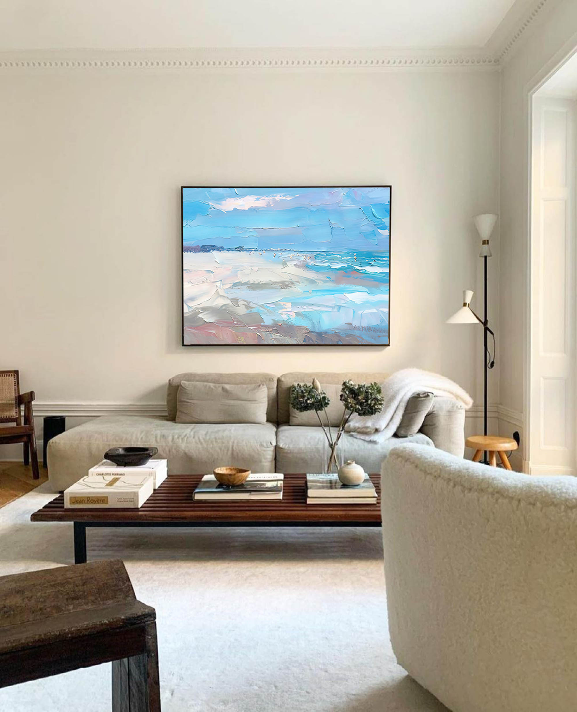 Original Blue Ocean Abstract Oil Painting Large Ocean Beach 3D Texture Painting Ocean Canvas Wall Art Living Room Decor
