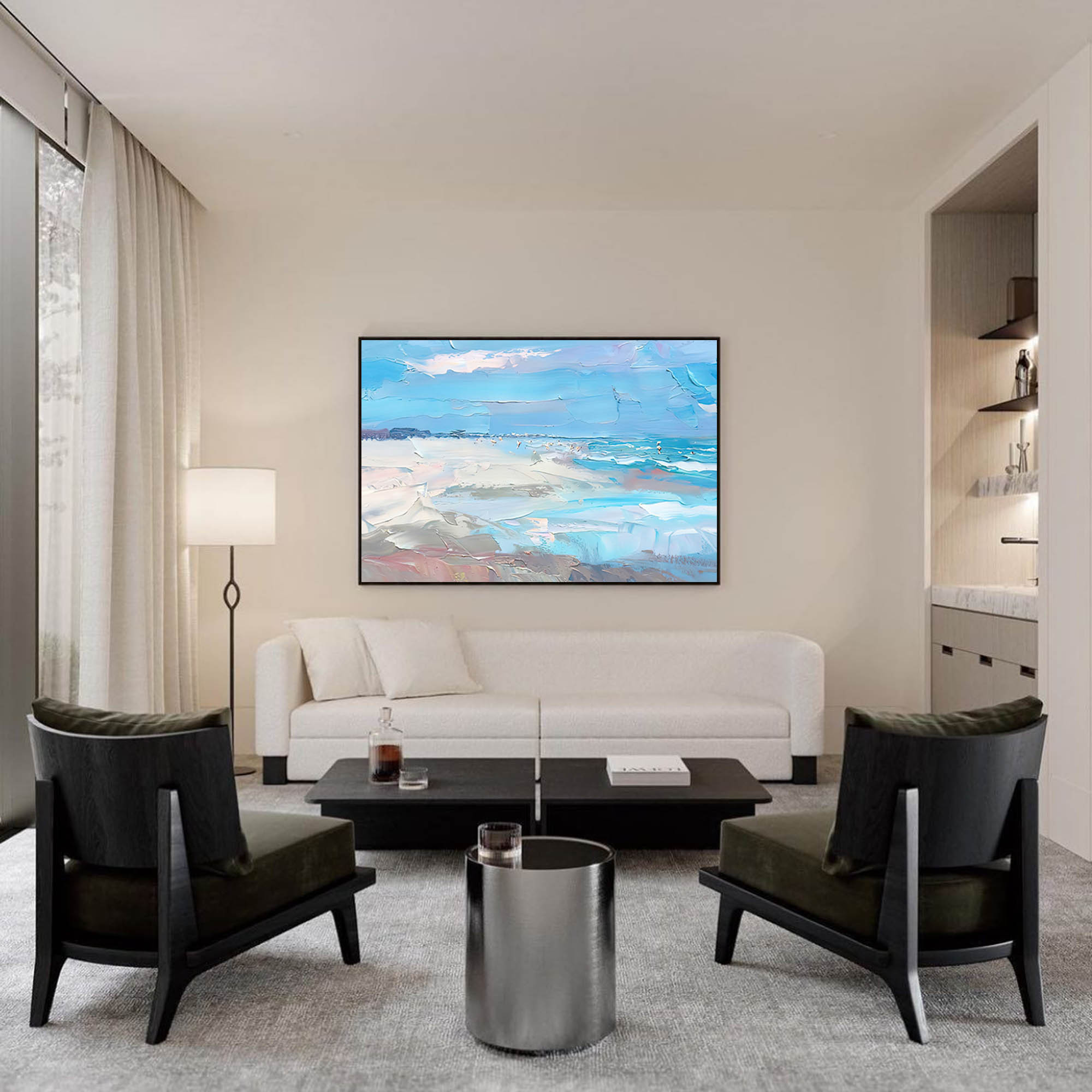 Original Blue Ocean Abstract Oil Painting Large Ocean Beach 3D Texture Painting Ocean Canvas Wall Art Living Room Decor