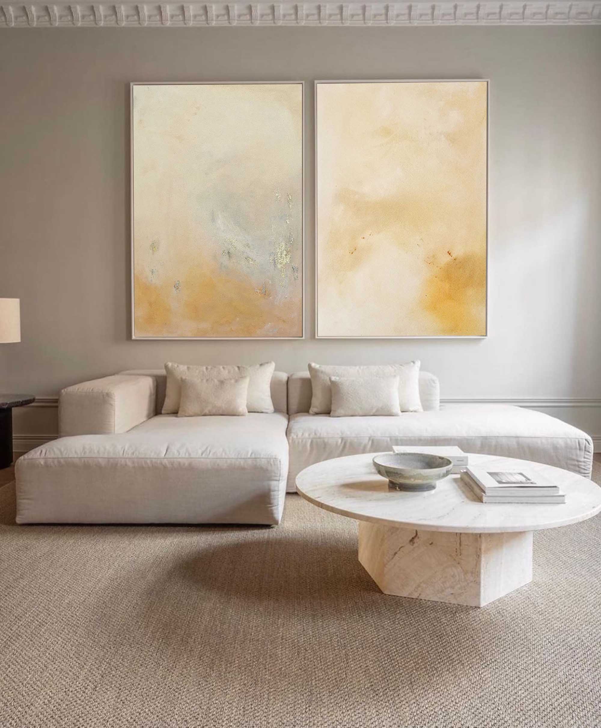 Set of 2 Yellow Minimalist Abstract Oil Paintings Contemporary Canvas Wall Art For Living Room