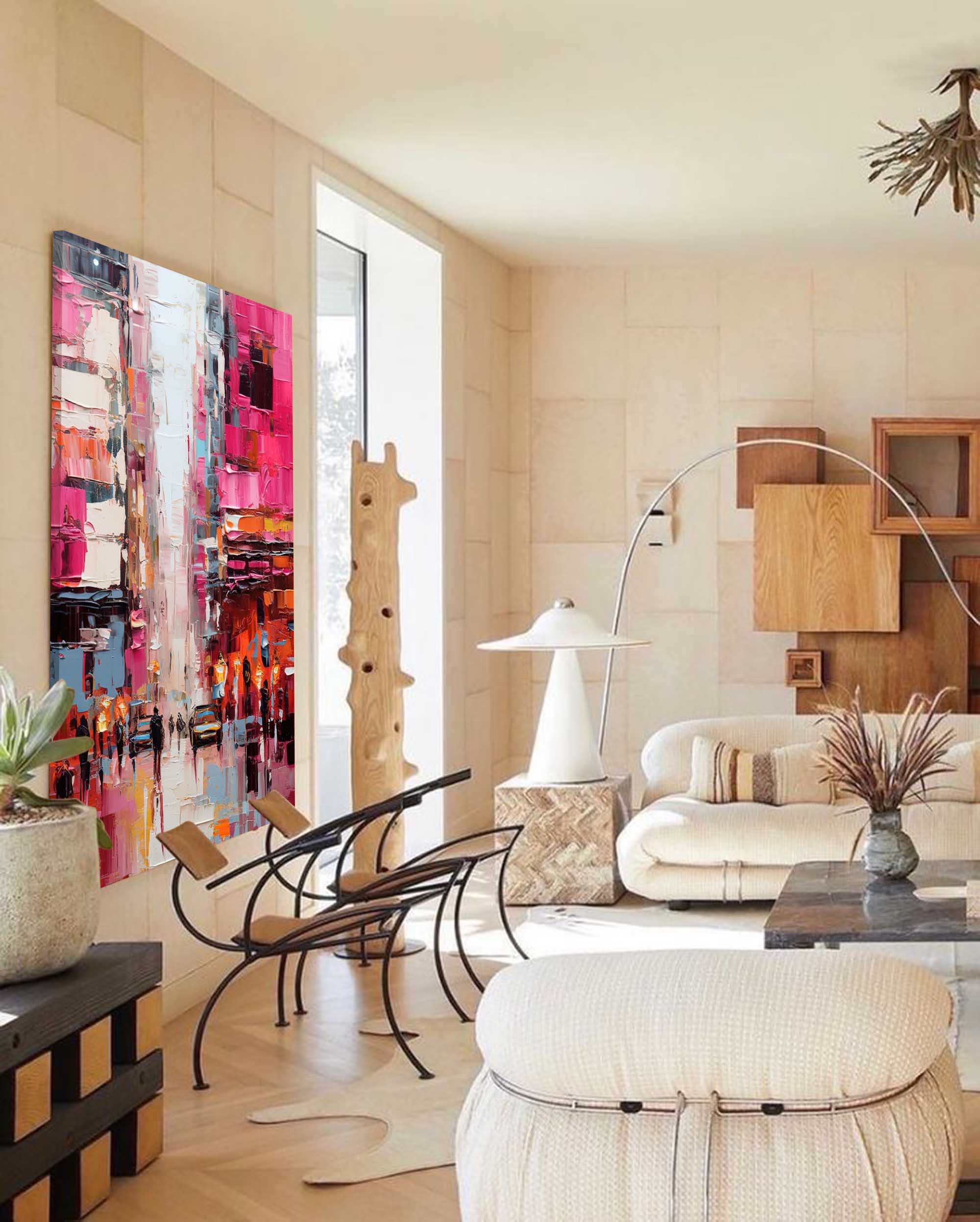 Large Pink Abstract Cityscape Oil Painting On Canvas Original Urban Scene Art Modern Colorful Wall Art Living Room