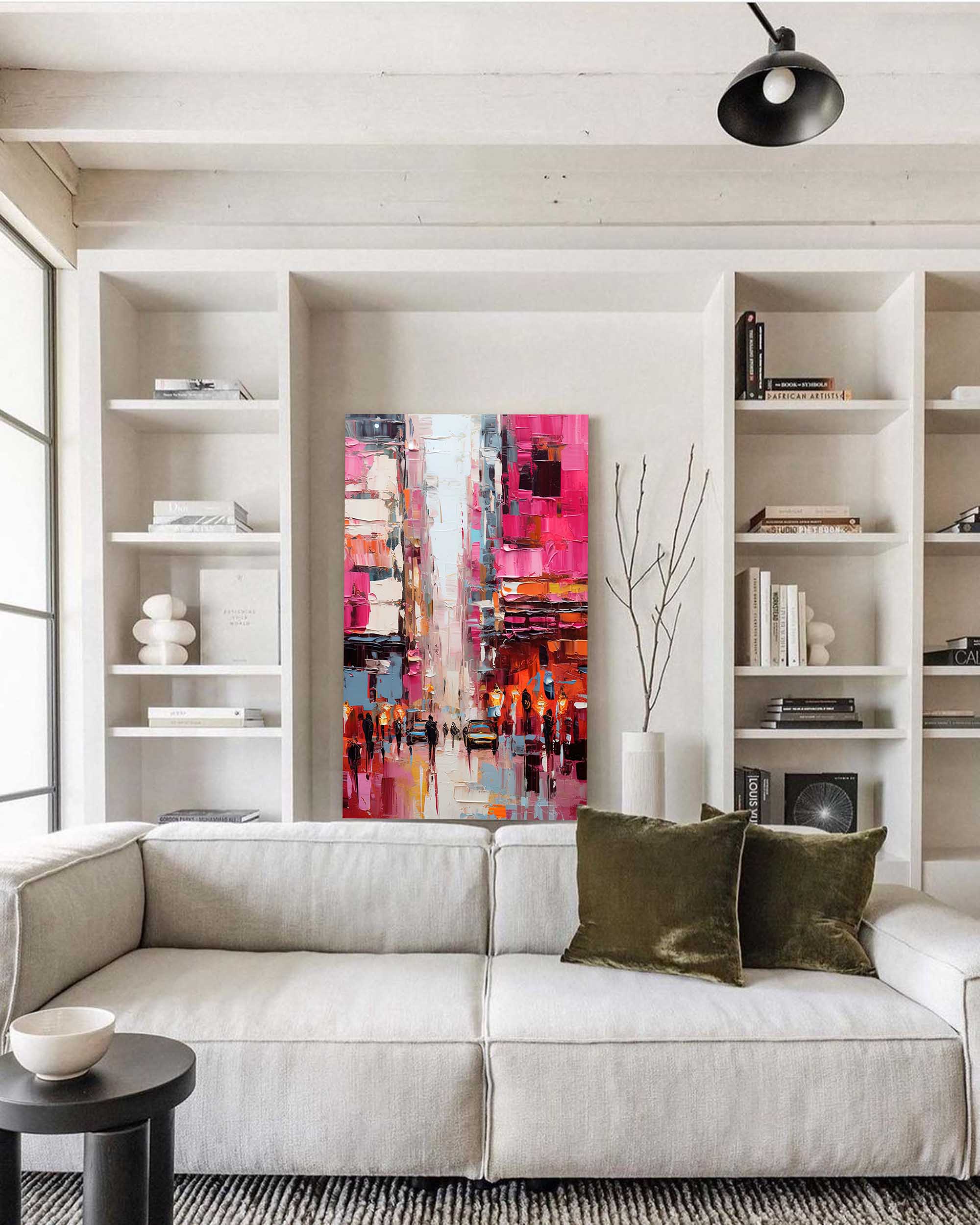 Large Pink Abstract Cityscape Oil Painting On Canvas Original Urban Scene Art Modern Colorful Wall Art Living Room