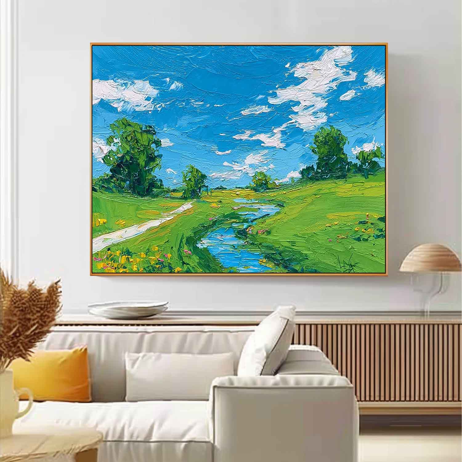 Abstract Fields And Rvers Landscape Oil Painting Rural Warmth Artwork Large Texture Scenery Wall Art Framed