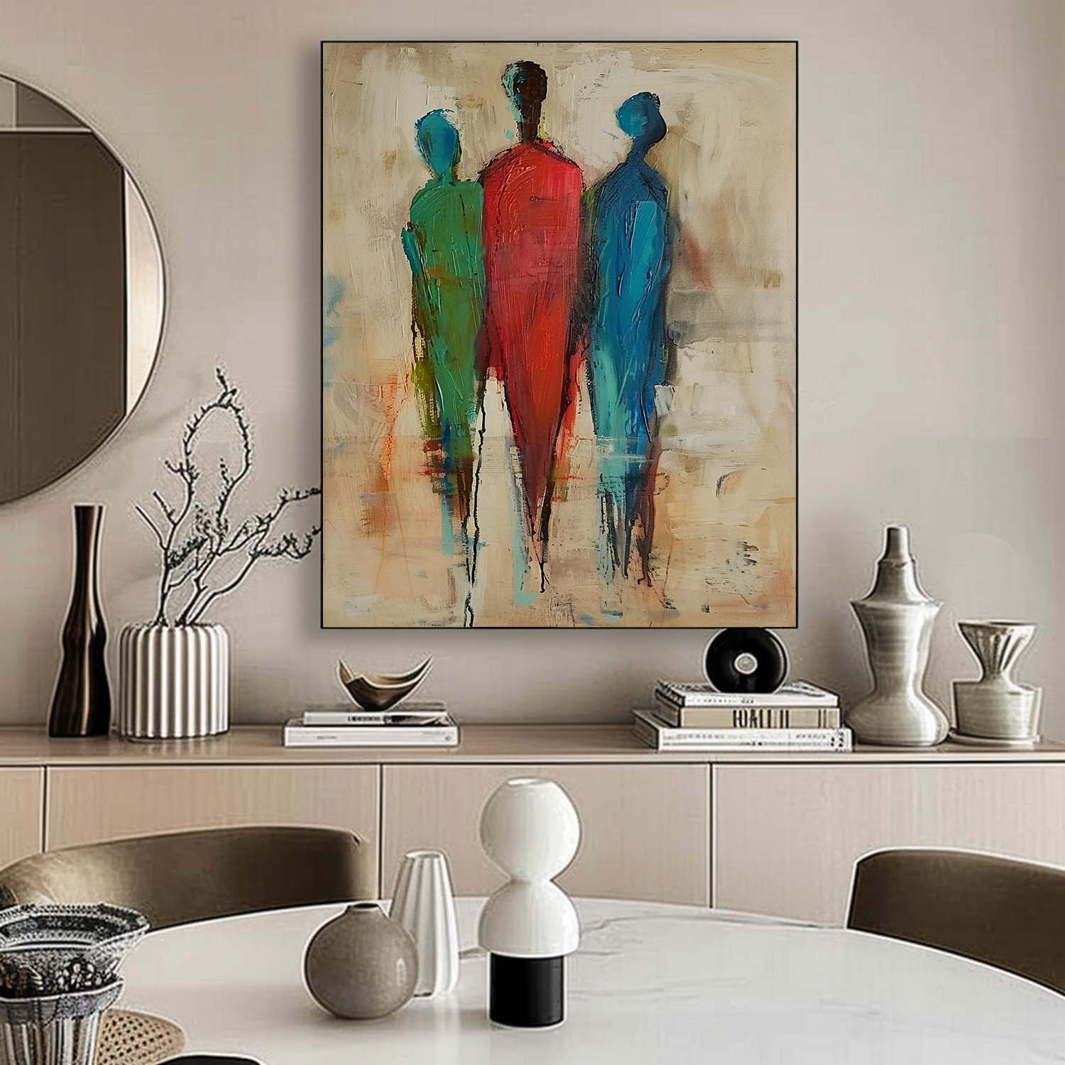 Original Three People Silhouettes Wall Art Large Figure Painting Retro Style Abstract Artwork For Living Room