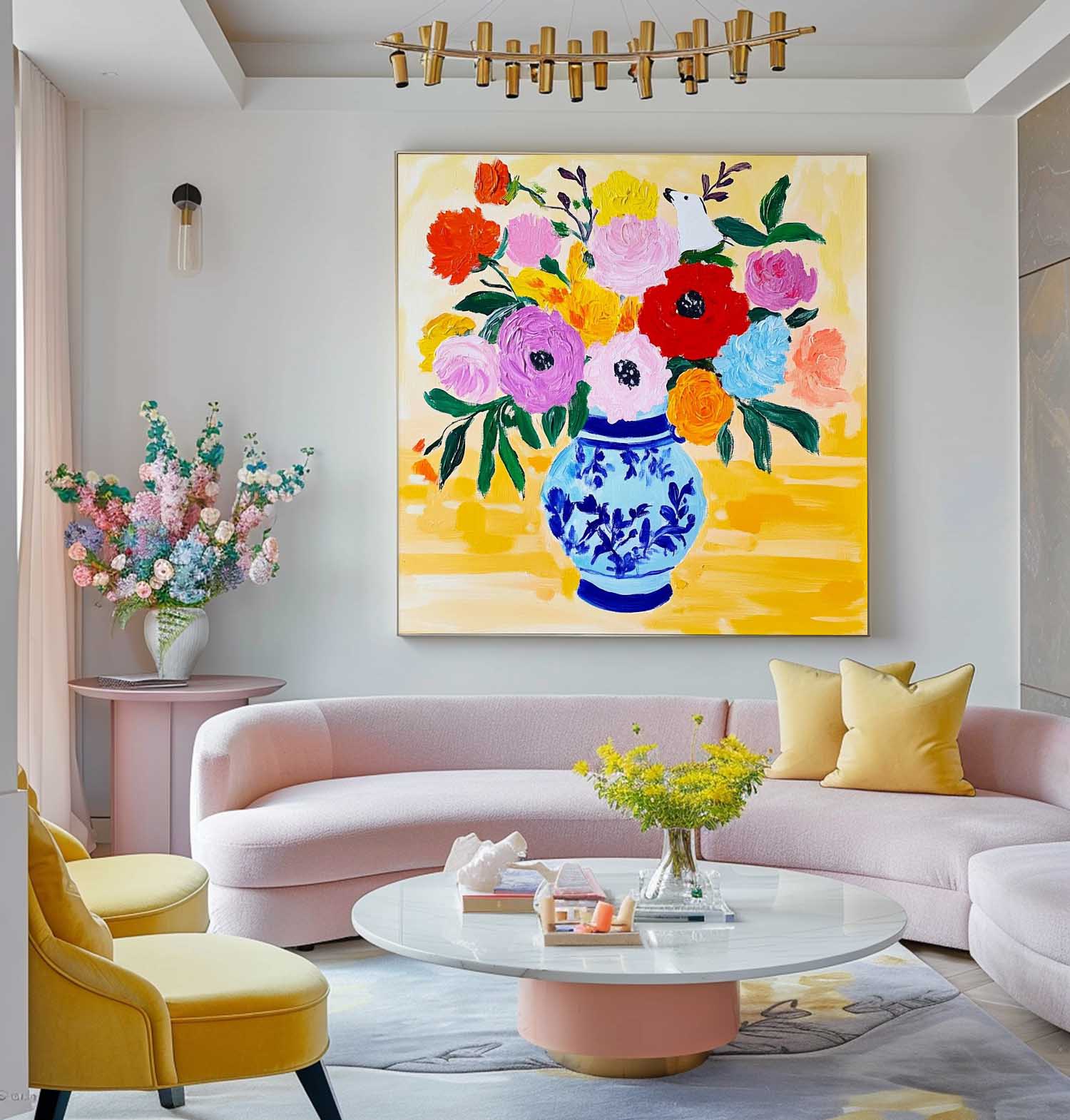 Floral Texture Painting on Canvas Original Flower Square Vase Artwork Large Illustration style Wall Art