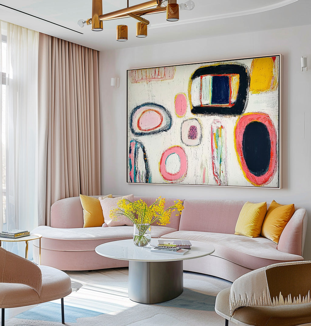 White Abstract Graffiti Oil Painting Modern Colorful Artwork Original Irregular Geometric Circles Wall Art