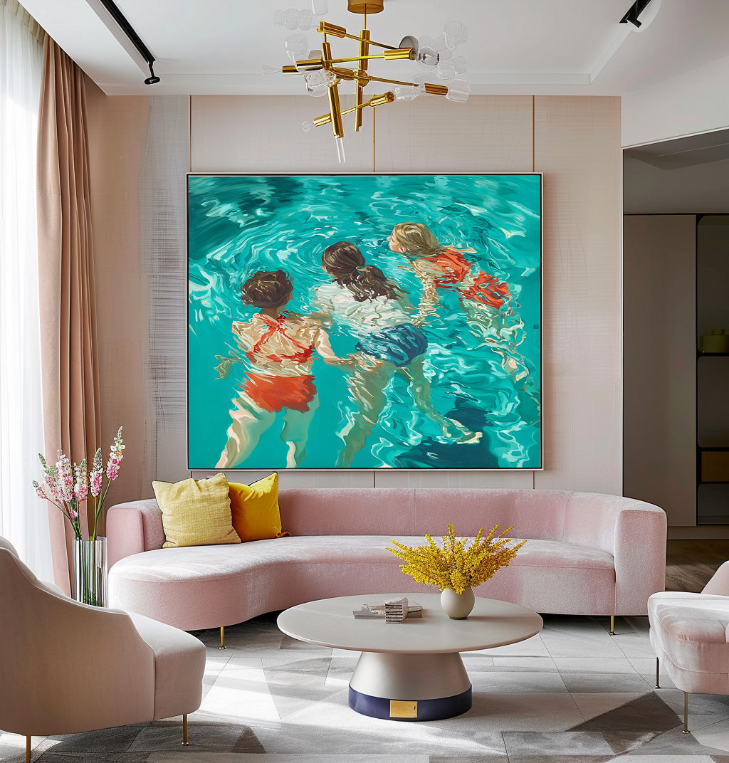 Abstract Colorful Artwork Original Girl Diving Oil Painting Diving In Ocean Sensual Woman Swimming Wall Art