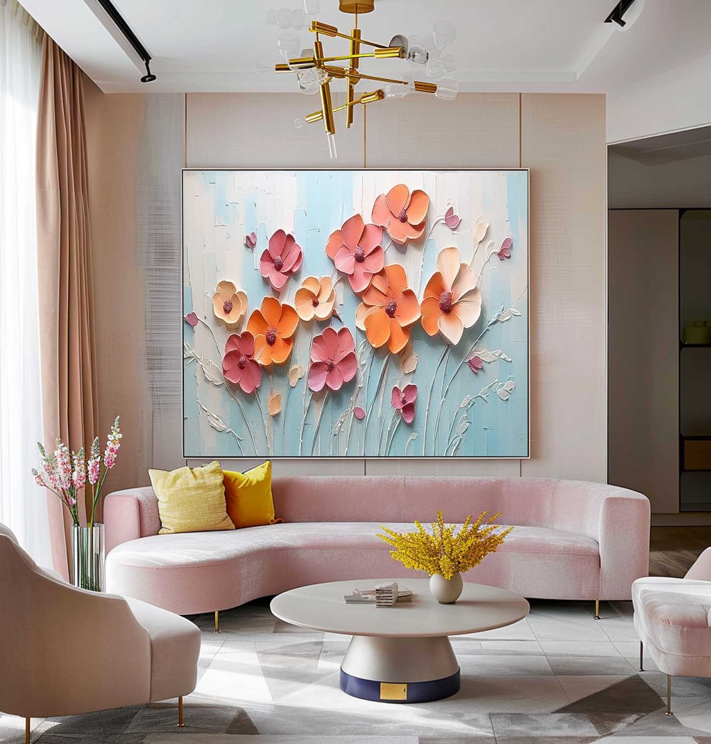Spring Flowers Drawing Large Textured Floral Acrylic Painting Modern Original Framed Floral Wall Art