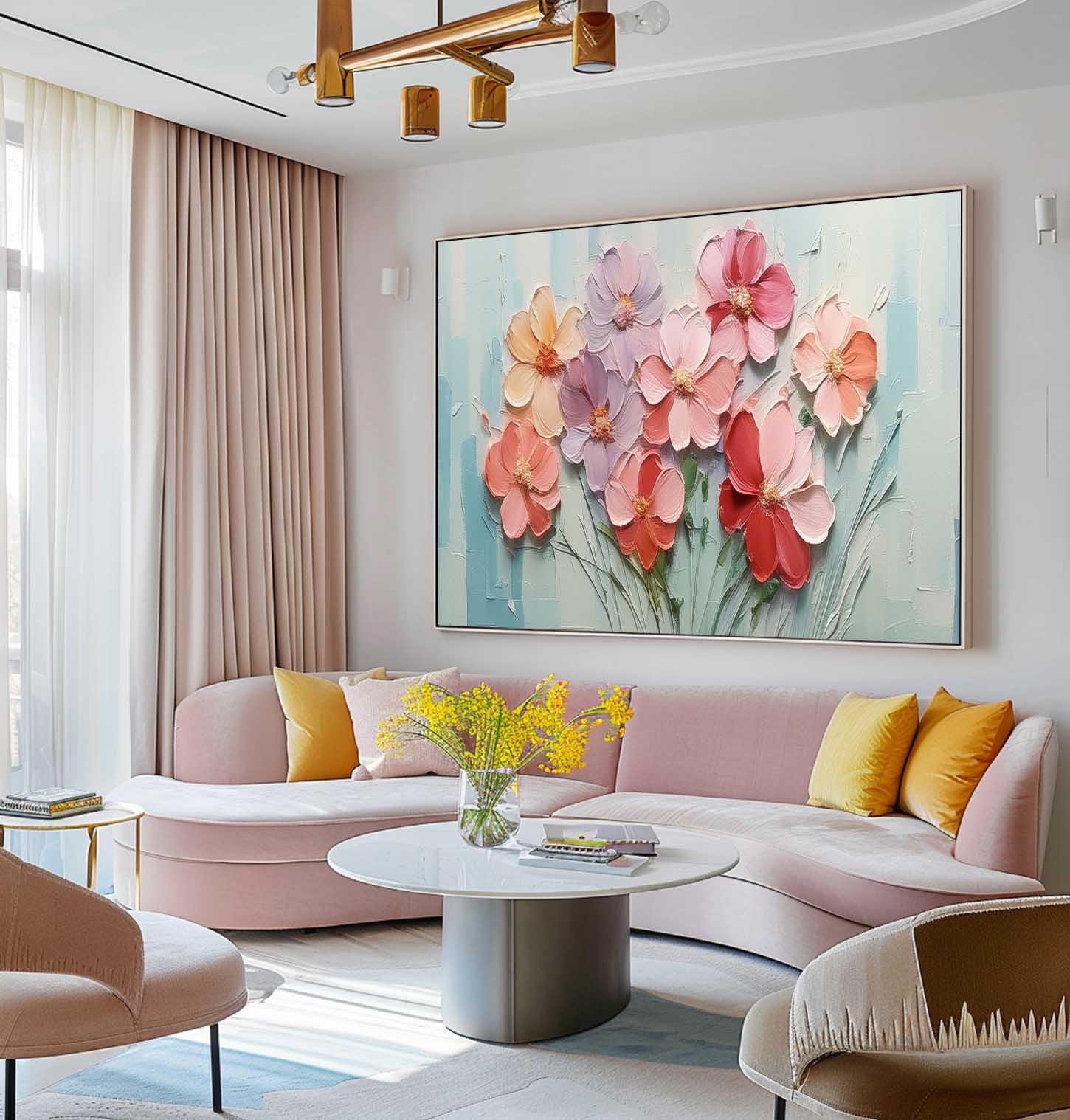 Large Textured Floral Acrylic Painting Spring Flowers Drawing Modern Original Framed Floral Wall Art