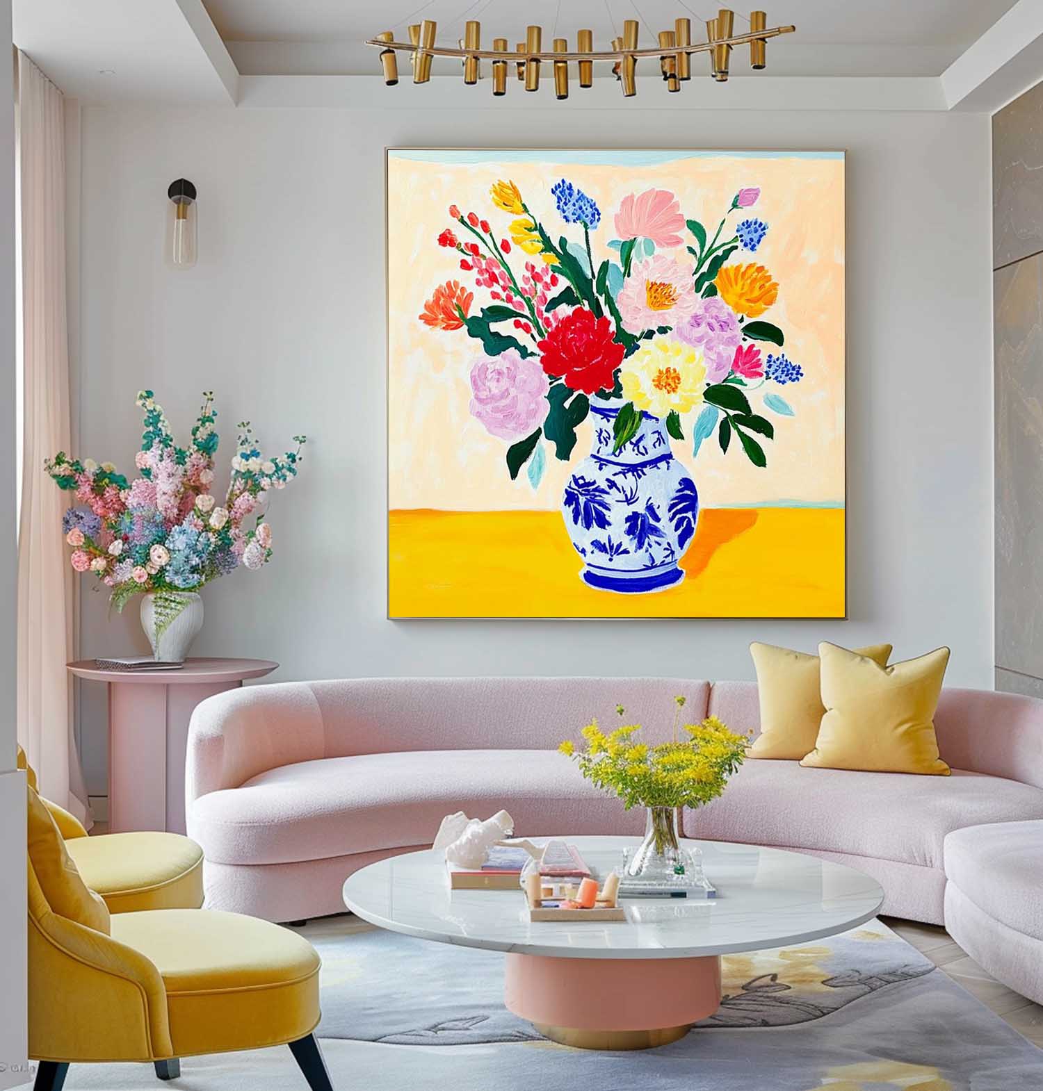 Original Flower Square Vase Artwork Floral Texture Painting on Canvas Large Illustration style Wall Art