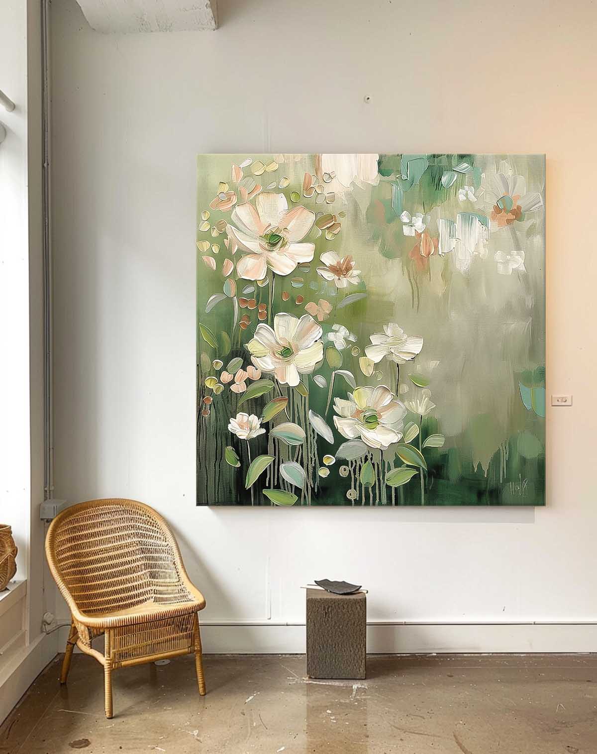 Lovely Original Flowers Abstract Wall Art Exquisite Green Acrylic Painting Modern Floral Oil Painting On Canvas