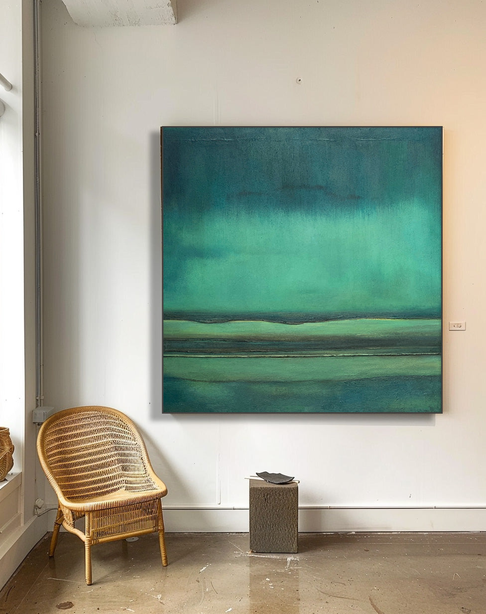 Green Modern Minimalist Canvas Painting Acrylic Large Abstract Wall Art Framed Wall Decor Free Shipping