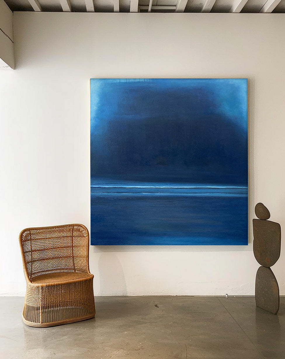 Blue Modern Minimalist Canvas Painting Acrylic Large Abstract Wall Art Framed Wall Decor Free Shipping
