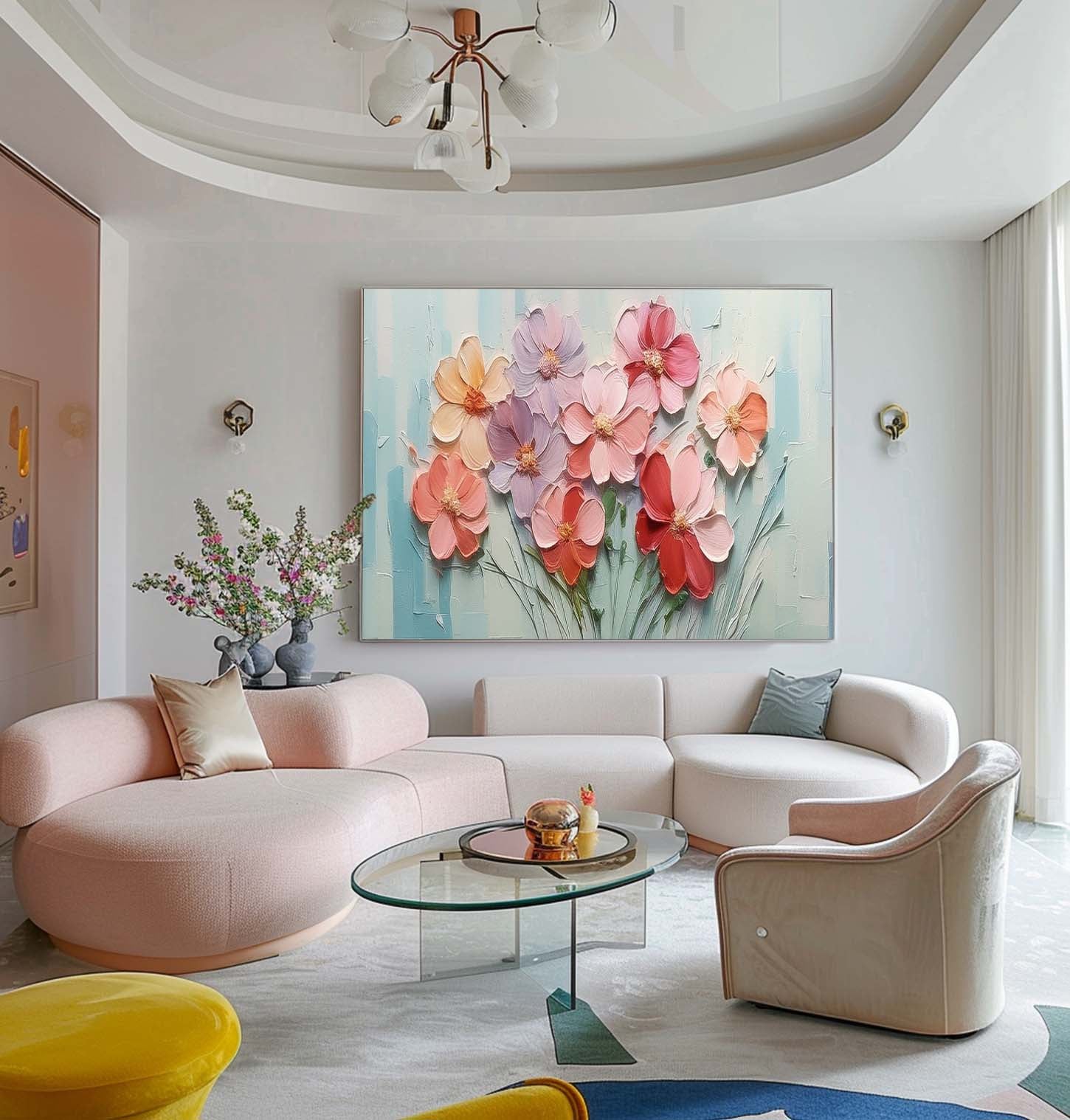 Large Textured Floral Acrylic Painting Spring Flowers Drawing Modern Original Framed Floral Wall Art
