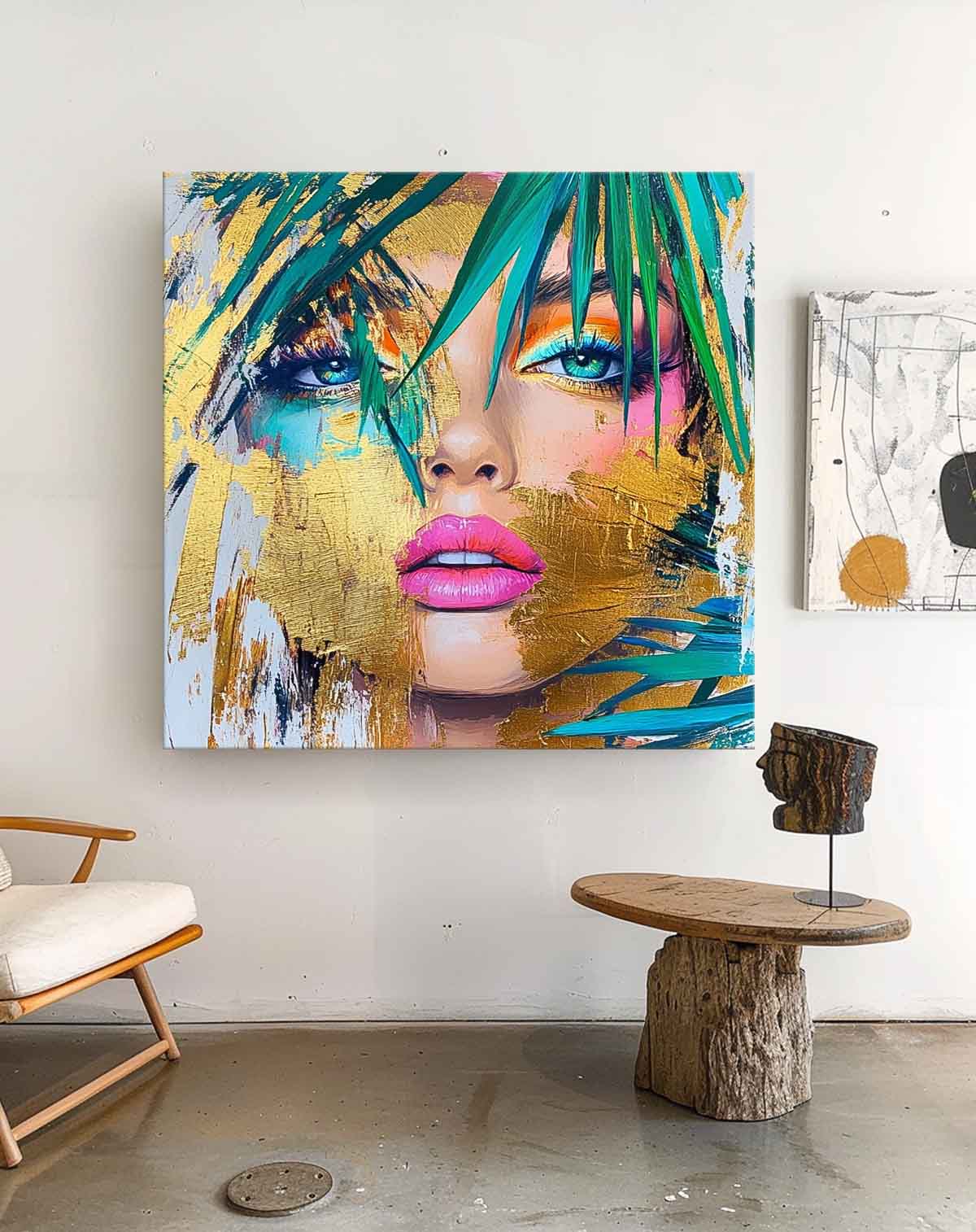 Origina Lady Face Acrylic Painting Canvas Gold Girl Abstract Wall Art Square Large Portrait Artwork