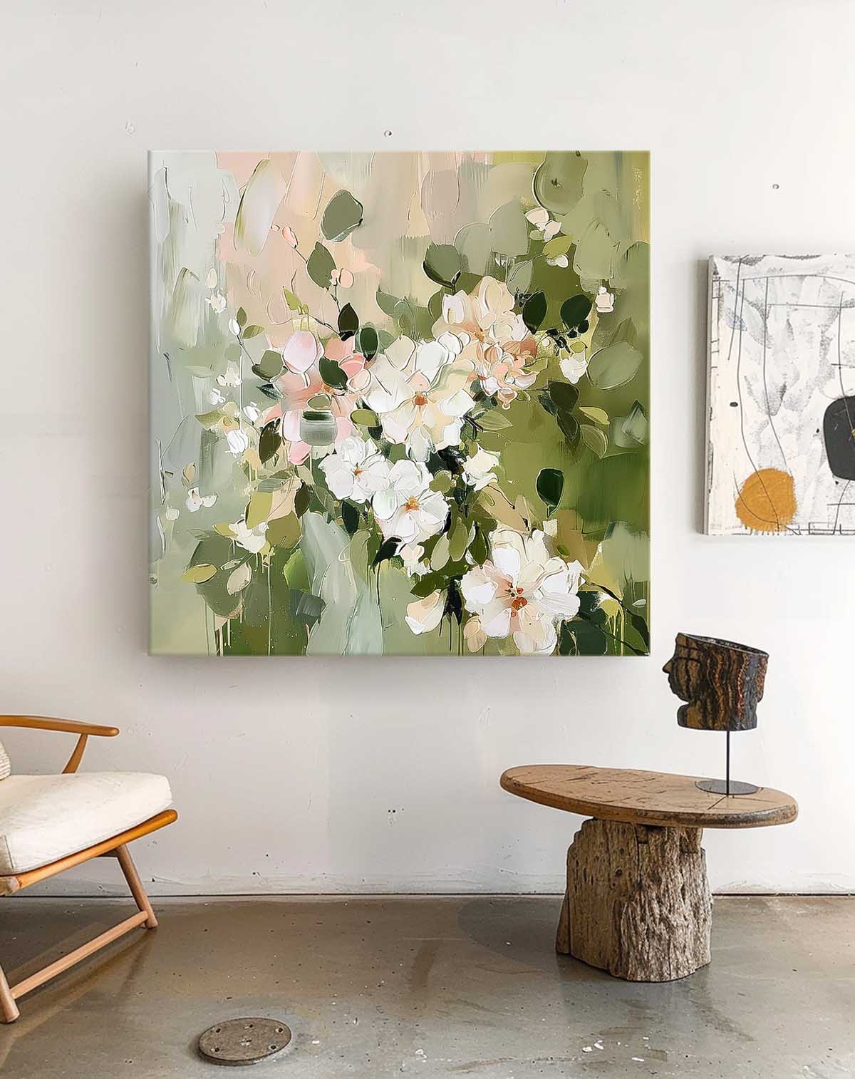 Square Original  Fresh White Flowers Painting Large Green Acrylic Painting Modern Floral Oil Painting On Canvas