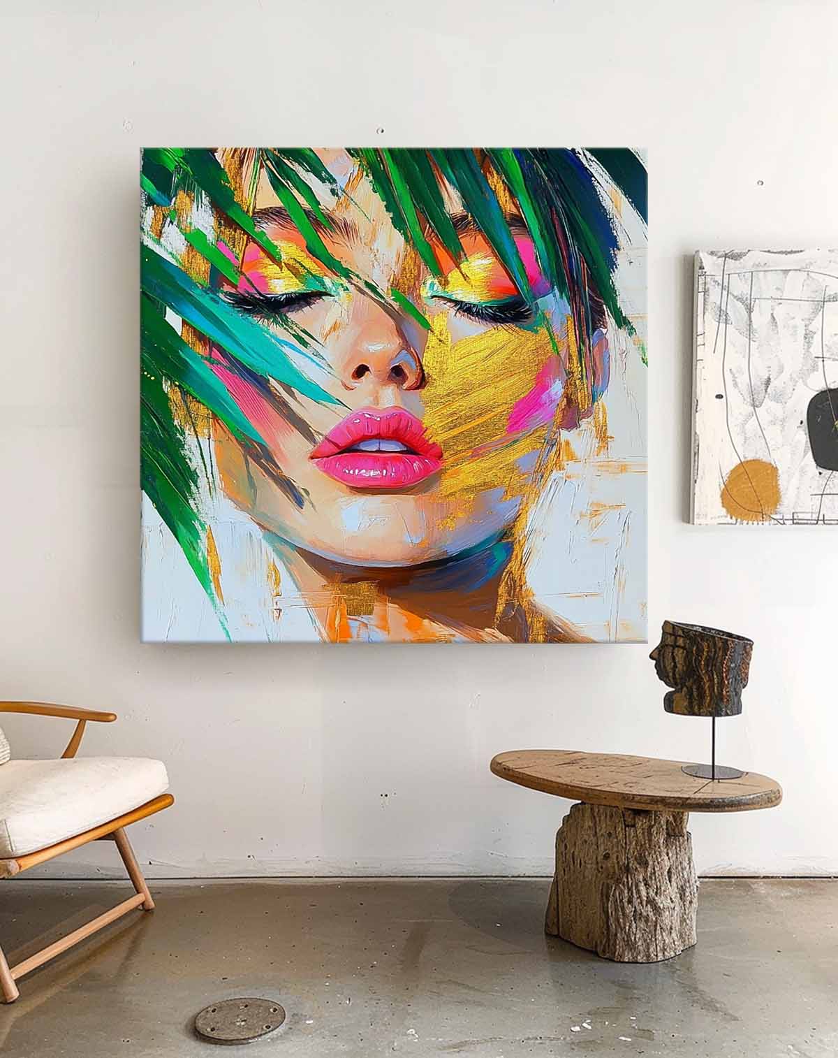 Beautiful Girl Abstract Wall Art Origina Lady Face Acrylic Painting Canvas Square Large Portrait Artwork