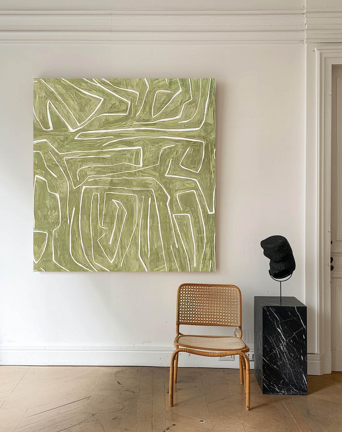 Modern Minimalist Line Canvas Painting Acrylic Large Green Abstract Wall Art Framed For Living Room