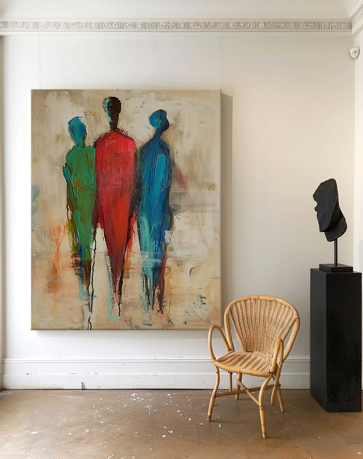 Original Three People Silhouettes Wall Art Large Figure Painting Retro Style Abstract Artwork For Living Room