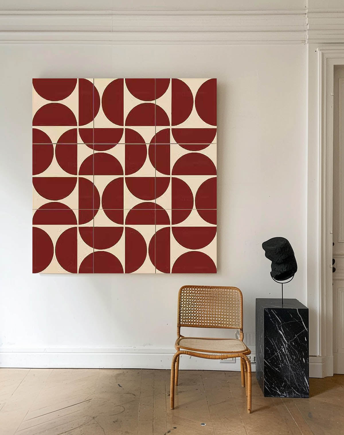 Red Geometry Modern Minimalist Canvas Acrylic Painting Large Regular Semicircle Abstract Artwork